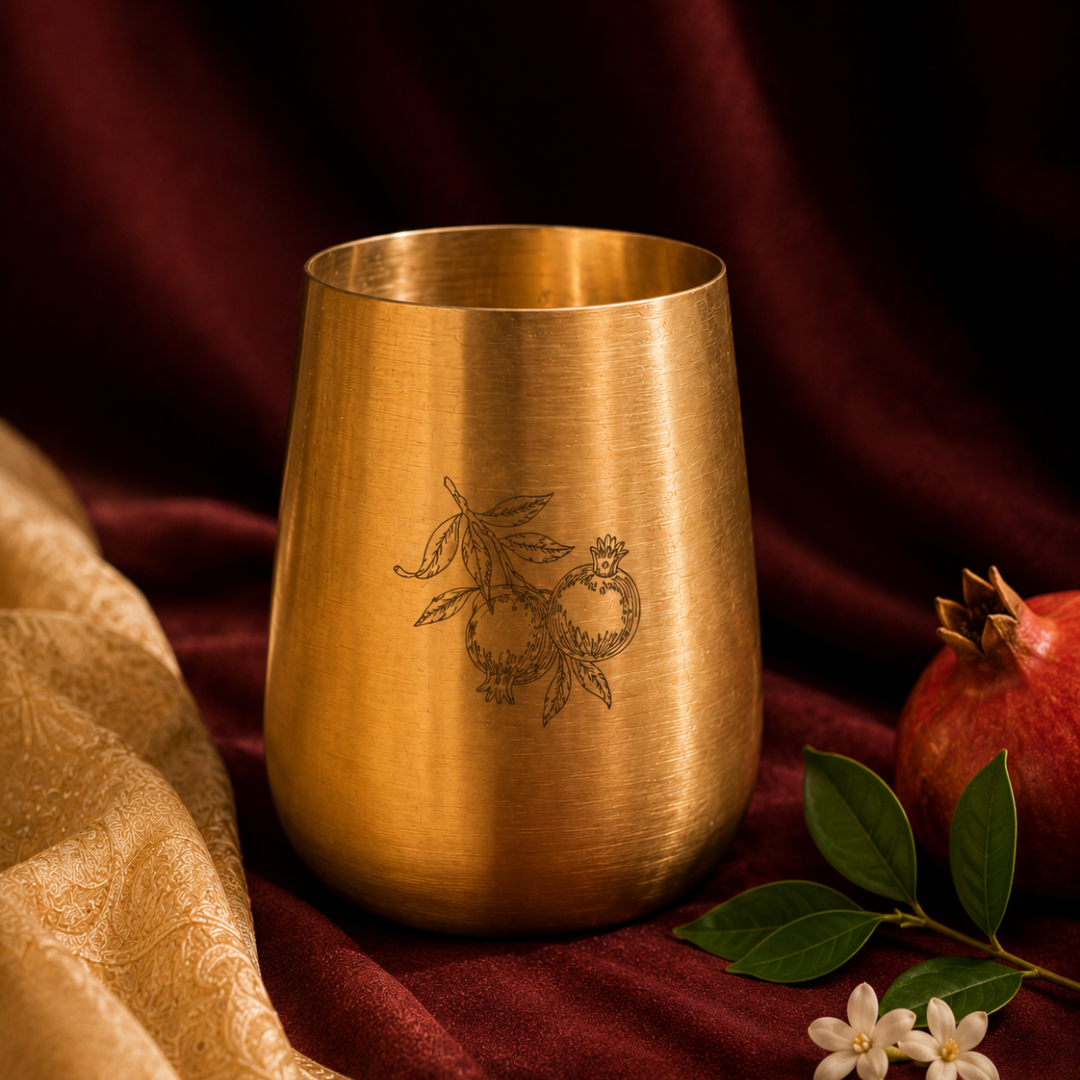 Ambi Pure Brass Urban Style Glass With Pomegranate Hand Etched Design – Handcrafted Drinkware for Elegant Dining