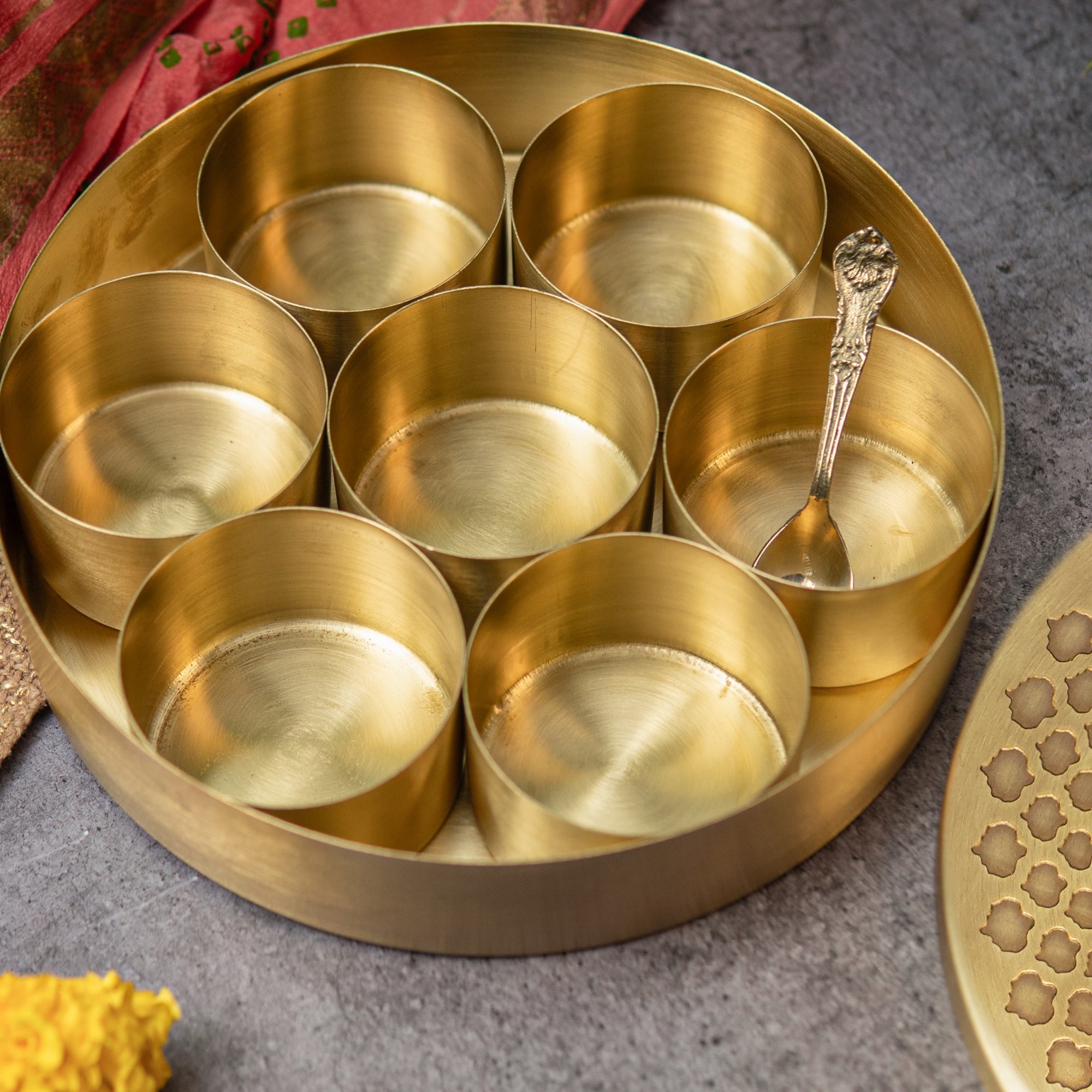Classy Pure Brass Spice Box Masala Daani with 7 Spice Containers - with Antique Finish