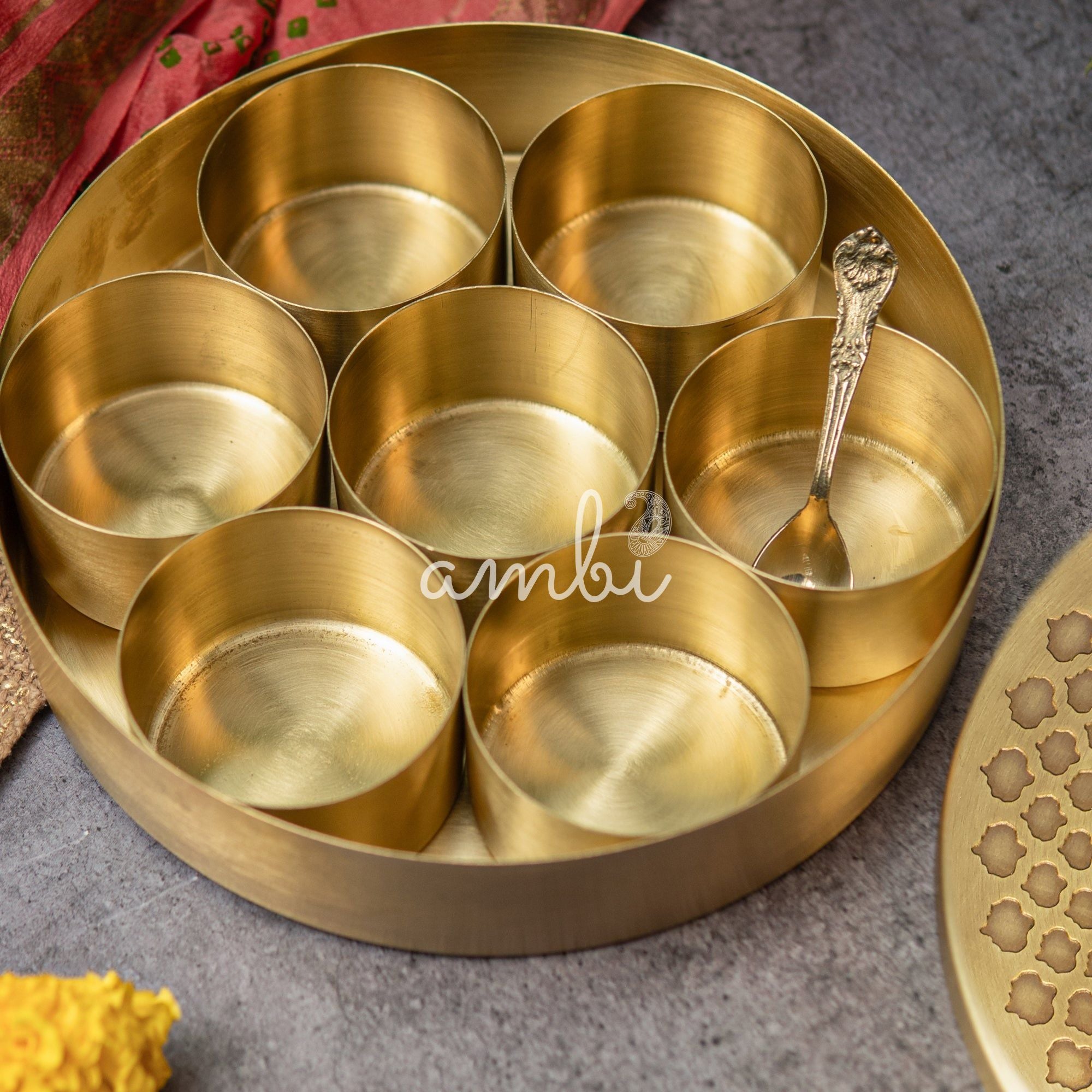 Classy Pure Brass Spice Box Masala Daani with 7 Spice Containers - with Antique Finish - 8 Inch
