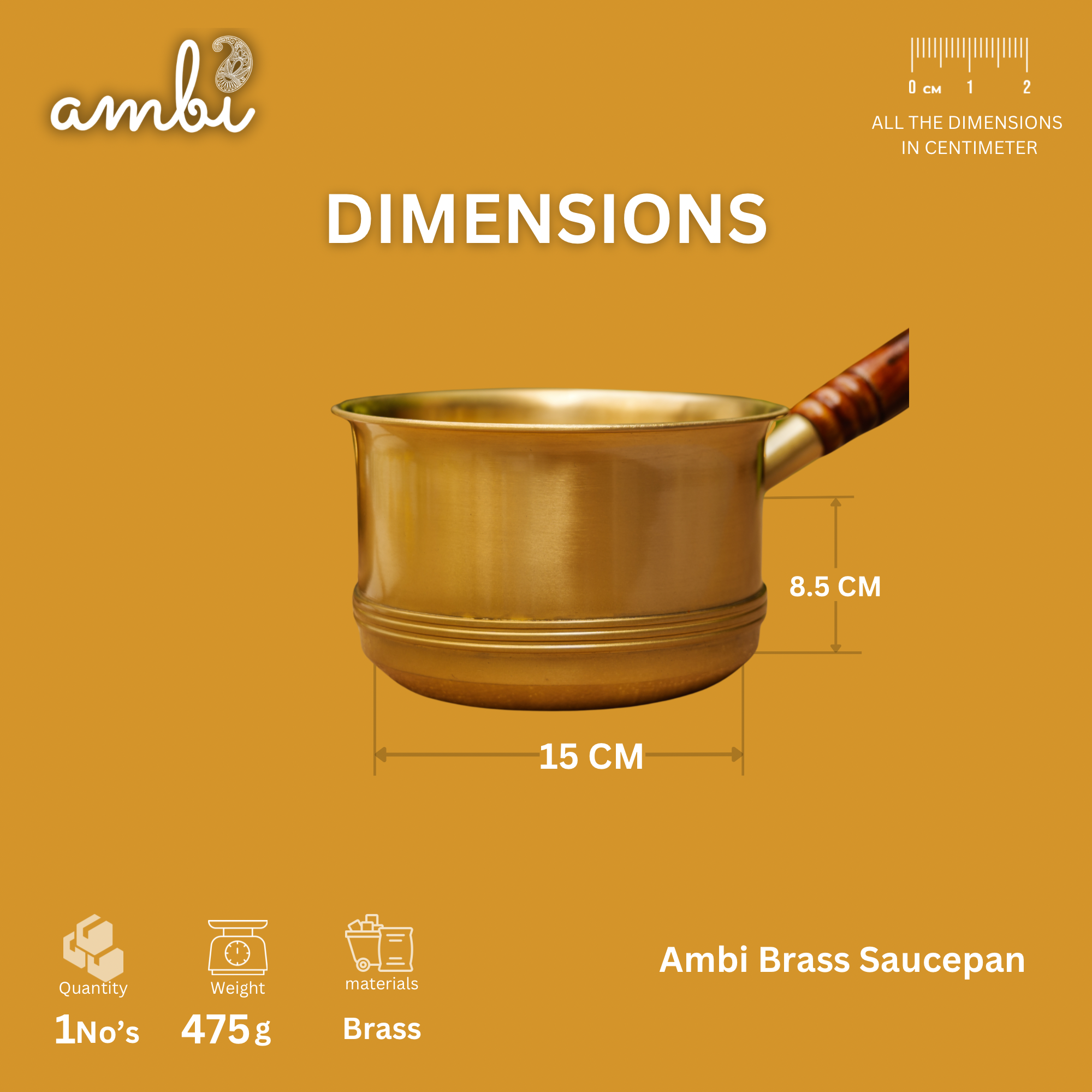 Brass saucepan with dimensions on a mustard yellow background, featuring the Ambi brand.