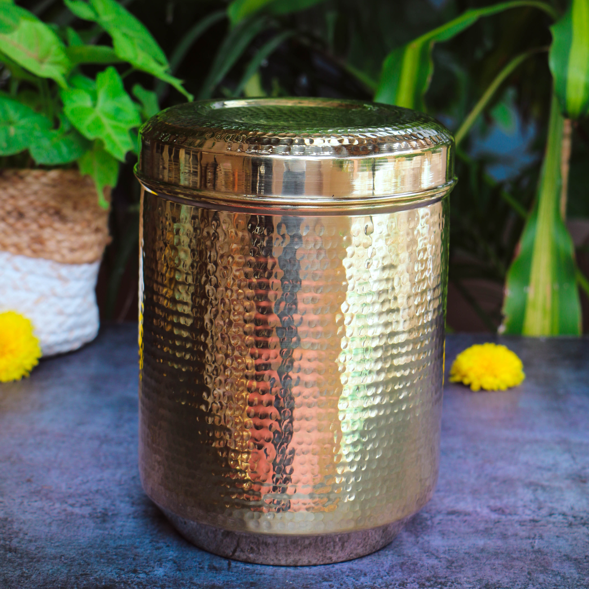 Pure Brass Kitchen Storage Boxes - Set of 7 Boxes - Heavy Grade - Hammered Finish