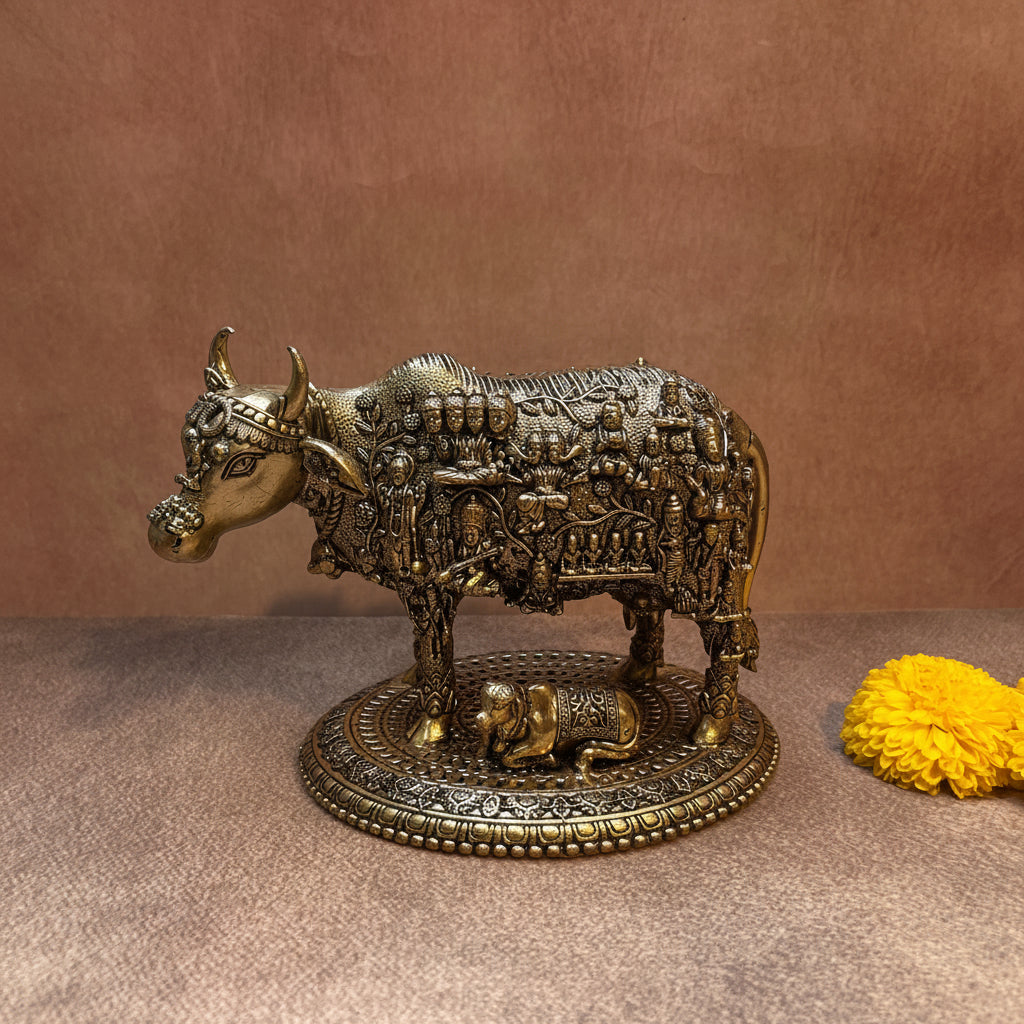 Ambi Pure Brass Kamadhenu Cow and Calf Idol with 33 Koti Deities for Home Mandir | 5 inch - Height |