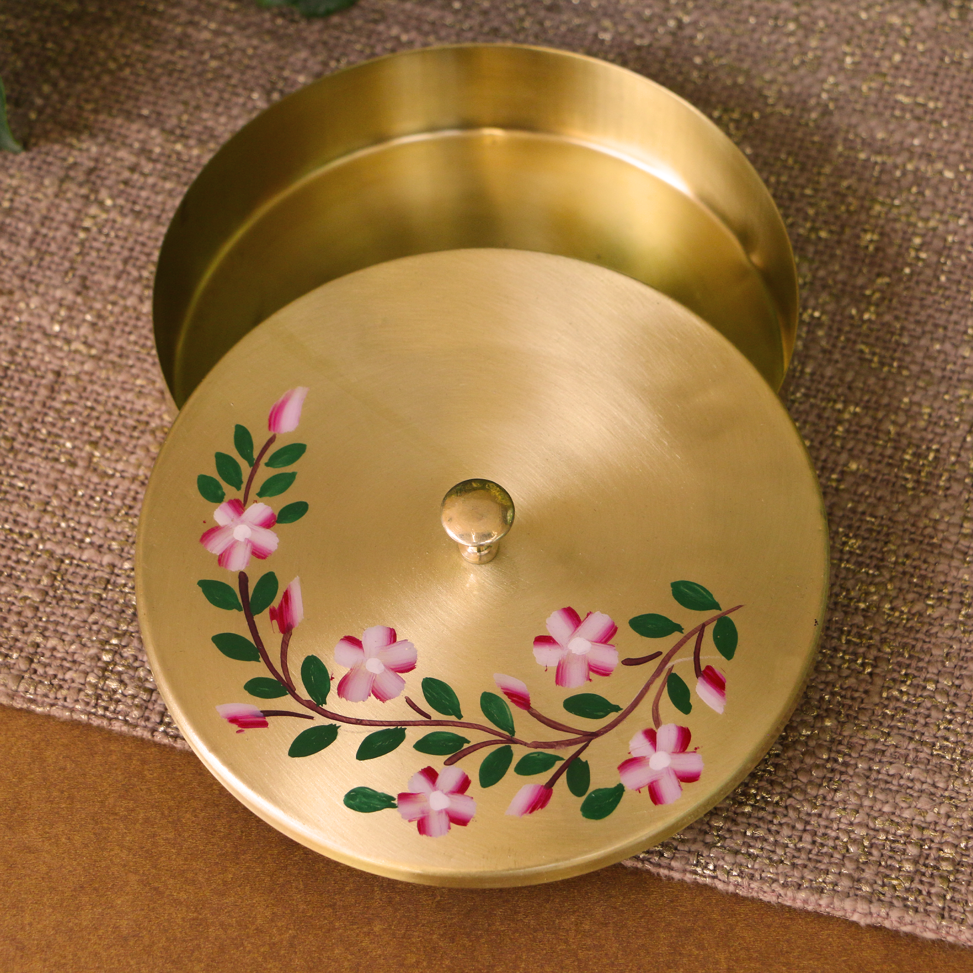 Hand Painted - Pure Brass Floral Storage Box / Cookie Box / Jewellery / Trinket - 6.5 Inches Diameter - Floral Design