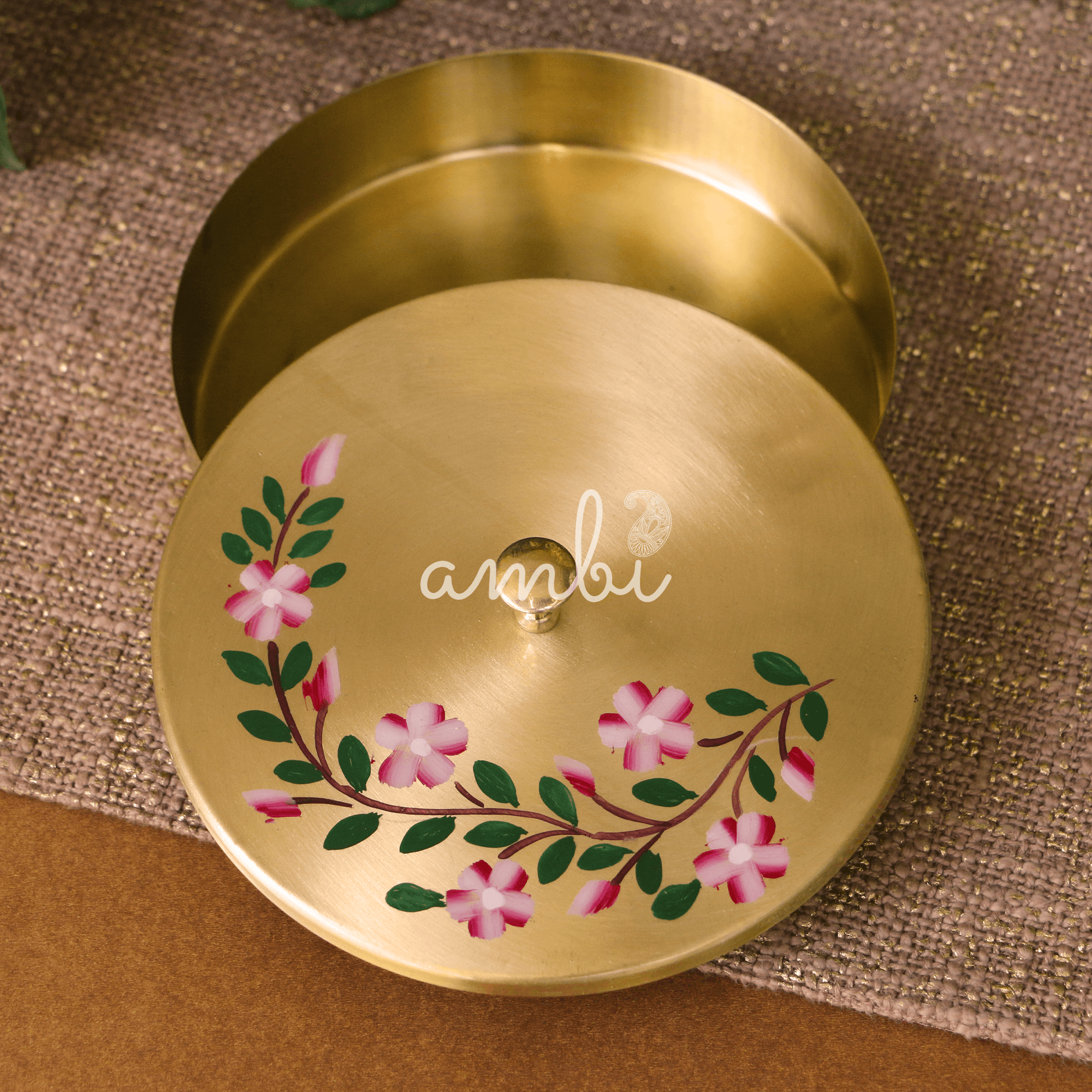 Hand Painted - Pure Brass Floral Storage Box / Cookie Box / Jewellery / Trinket - 6.5 Inches Diameter - Floral Design