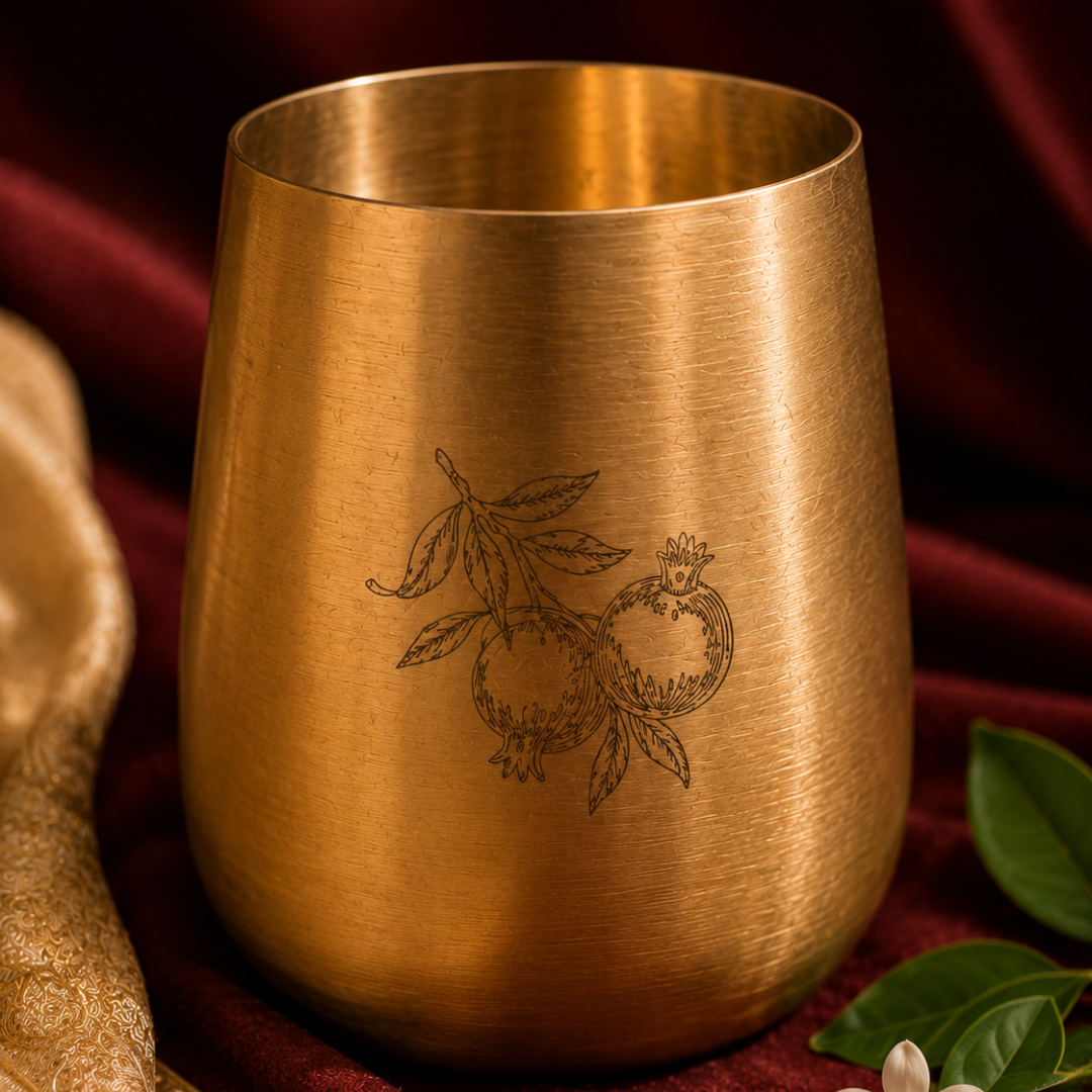 Ambi Pure Brass Urban Style Glass With Pomegranate Hand Etched Design – Handcrafted Drinkware for Elegant Dining