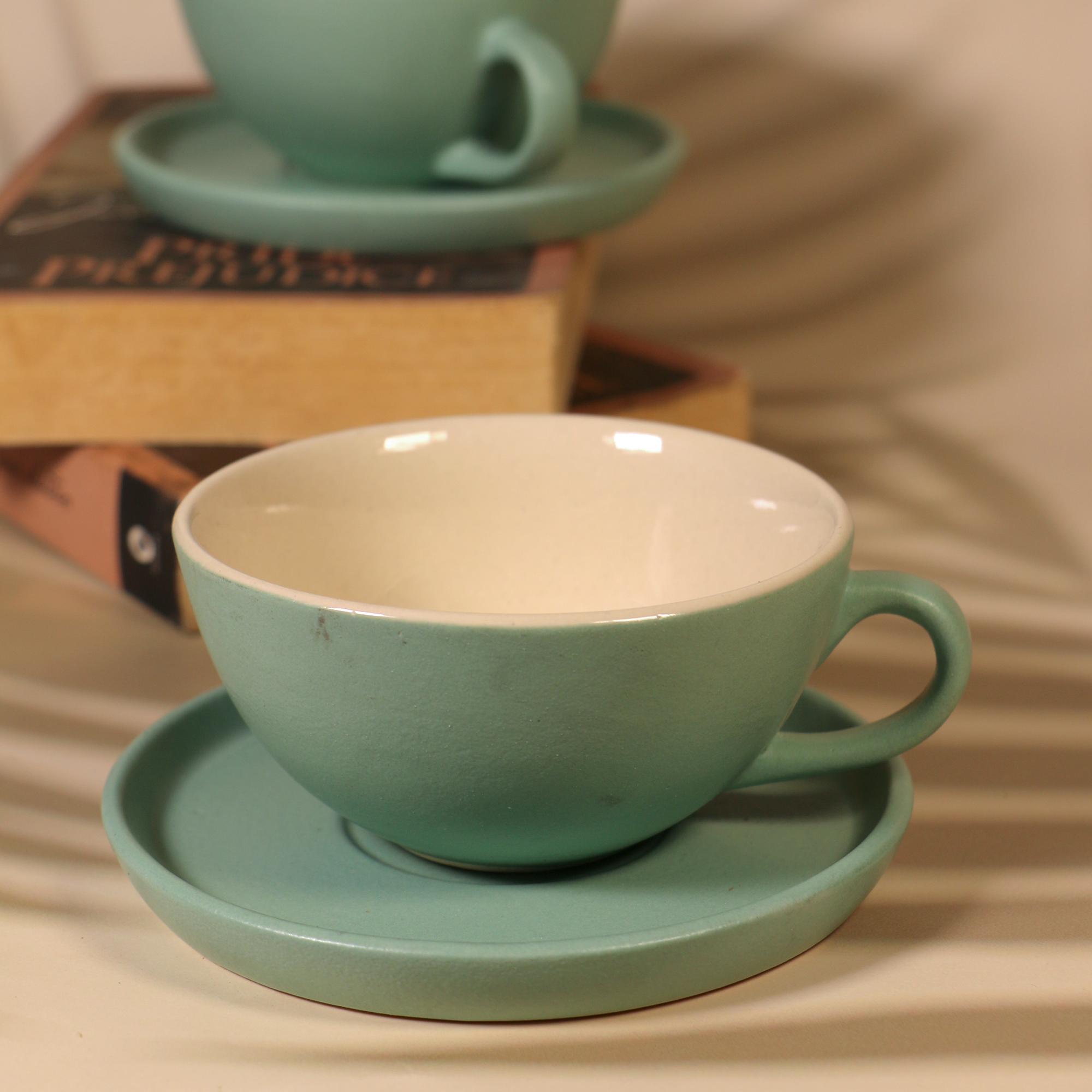 Ambi Ceramic Teal Green Cup and Saucer Set I Handmade Pottery Set of 1 - 180 ml