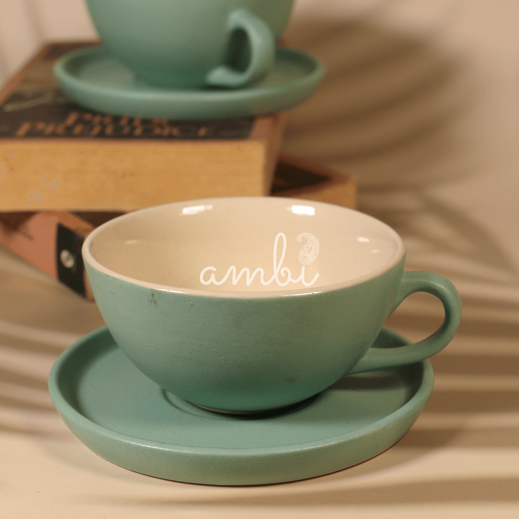 Ambi Ceramic Teal Green Cup and Saucer Set I Handmade Pottery Set of 1 - 180 ml