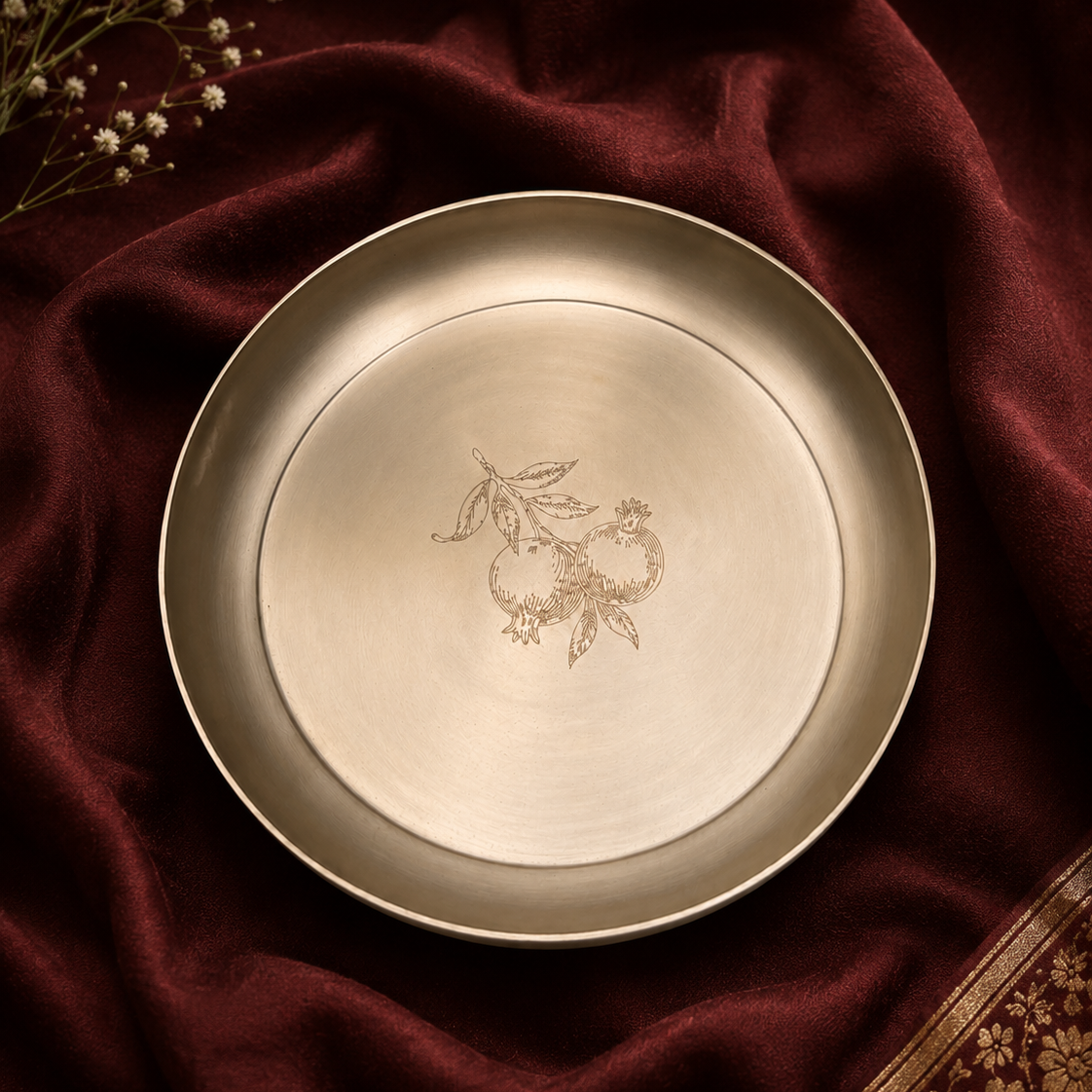 Ambi Kansa Plate with Pomegranate Etched & Cutlery– Premium Gift Box Set