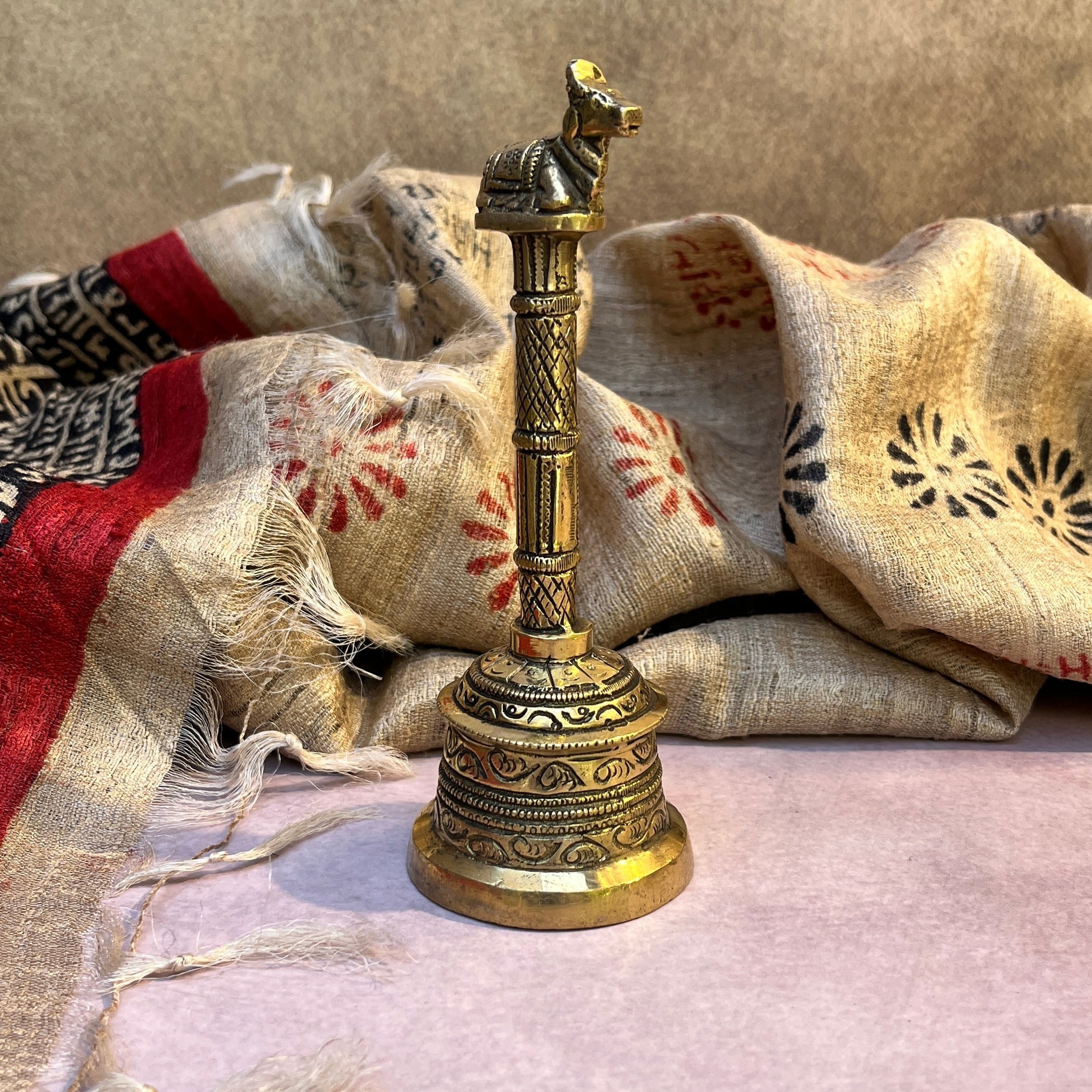 Ambi Pure Brass Nandi Symbol Hand Bell for Pooja & Aarti - 5.5 Inch Height