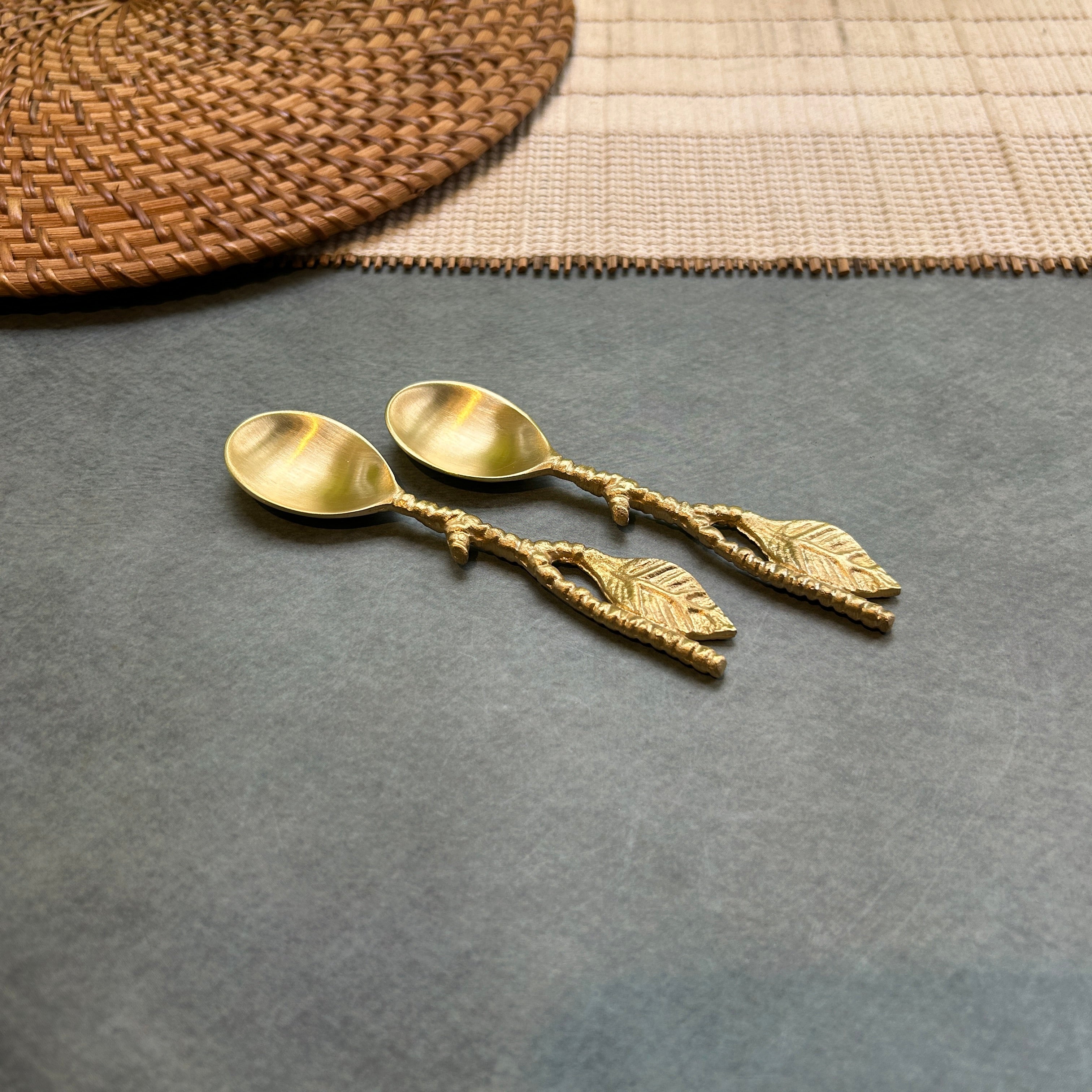Ambi Single Golden Leaf Pure Brass Spoon | Set of 2, 4 or 6