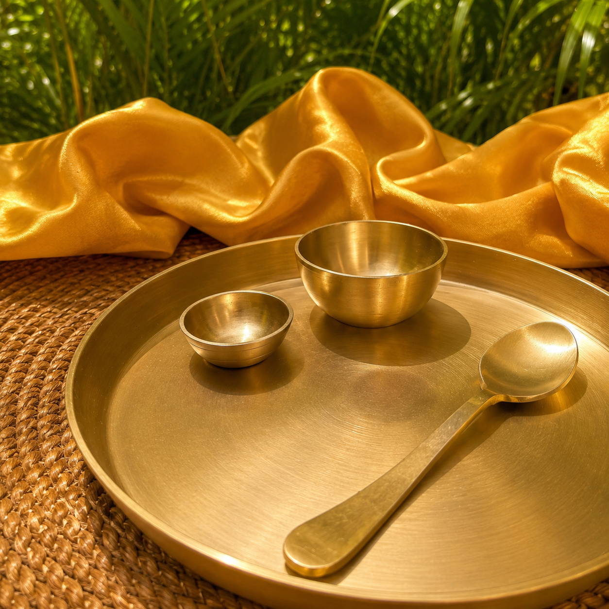 A set of brass tableware including a large serving tray, a small bowl, a spoon, and a small cup, arranged on a woven mat with draped gold fabric and green foliage in the background.