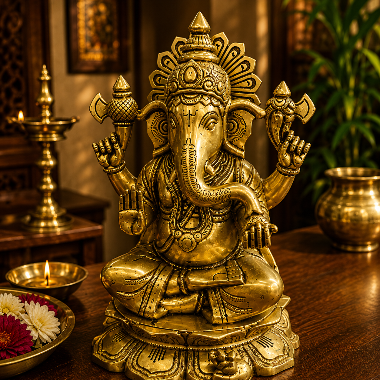 A golden brass Lord Ganesha statue seated on a wooden table in a warm, decorated room with a brass lamp, flowers, and a plant in the background.