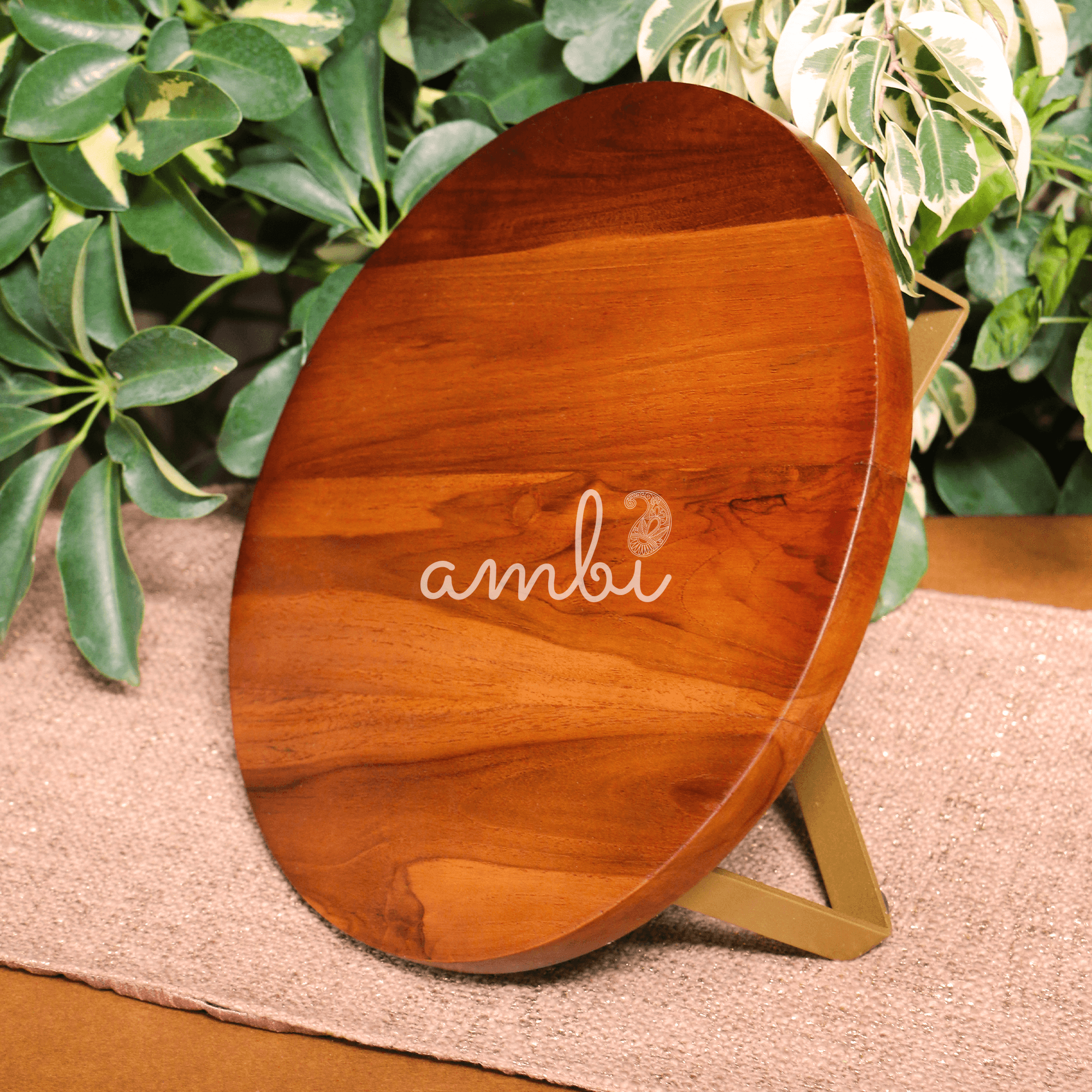 Ambi Pure Brass & Sheesham Wood Centre Dish / Cake / Dessert / Fruit / Centre Piece Tray - 12 inches diameter
