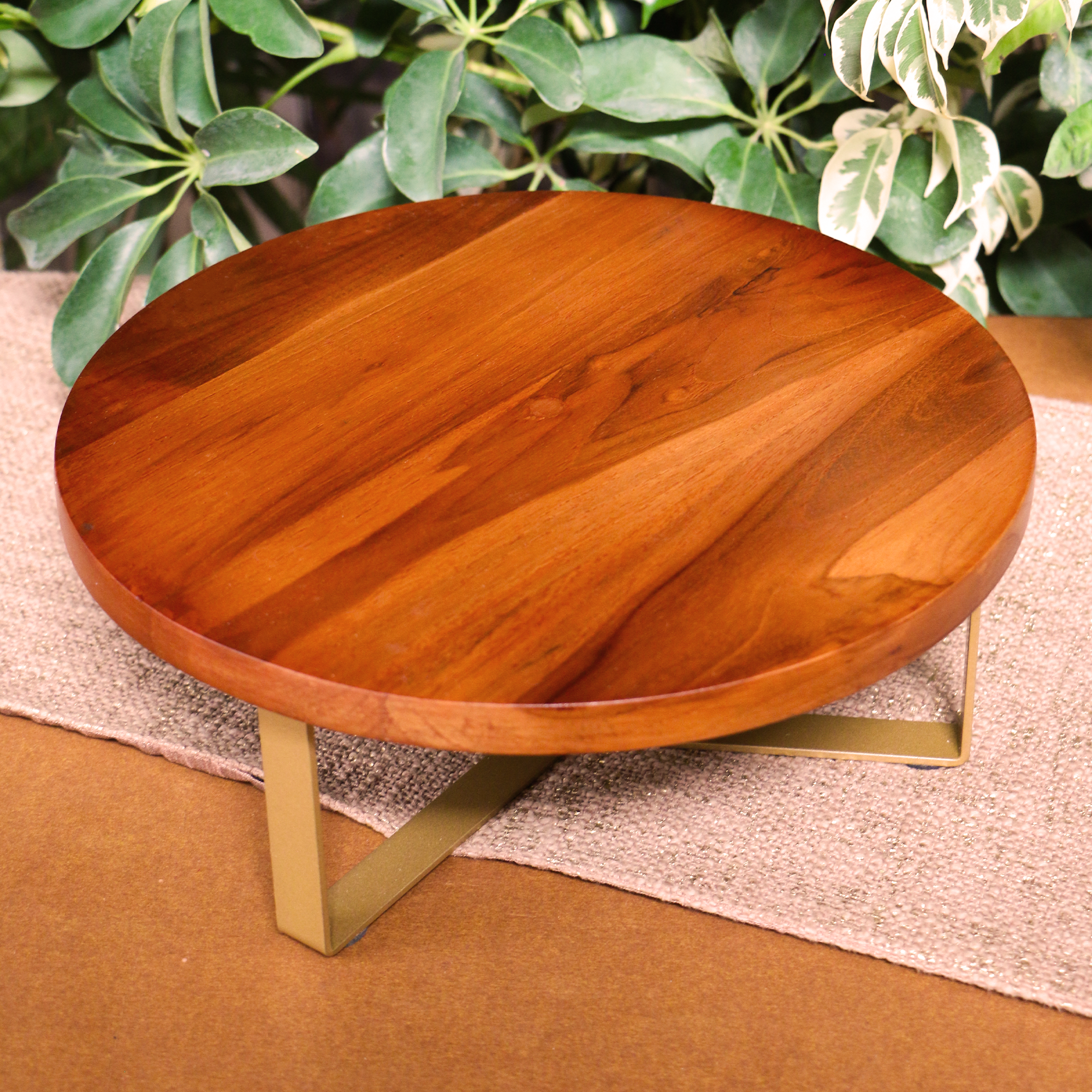 Ambi Pure Brass & Sheesham Wood Centre Dish / Cake / Dessert / Fruit / Centre Piece Tray - 12 inches diameter