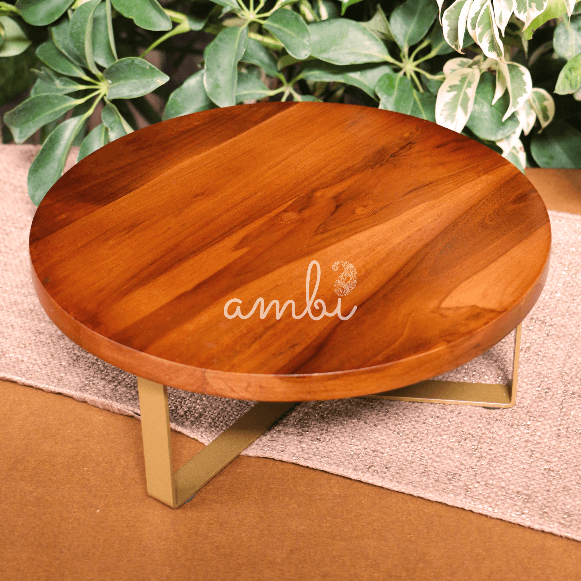 Ambi Pure Brass & Sheesham Wood Centre Dish / Cake / Dessert / Fruit / Centre Piece Tray - 12 inches diameter