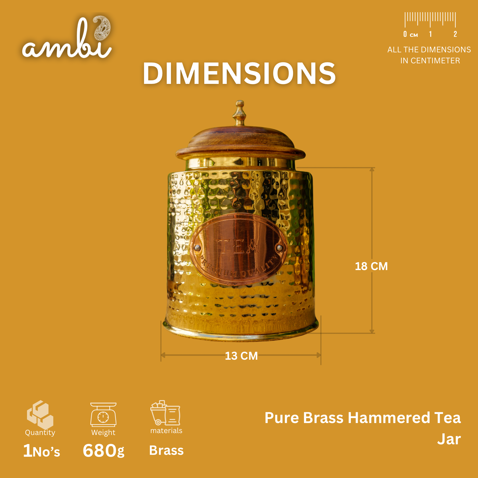 Tea Jar - Pure Brass Hammered Jar Storage Container - Large - Wood Lid