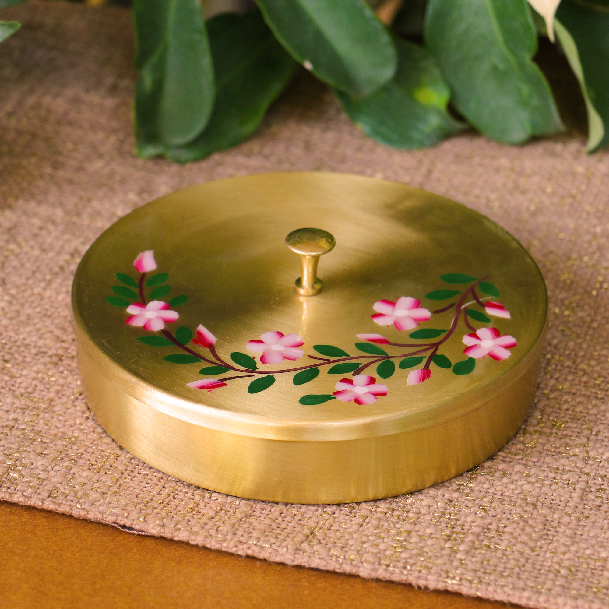 Hand Painted - Pure Brass Floral Storage Box / Cookie Box / Jewellery / Trinket - 6.5 Inches Diameter - Floral Design