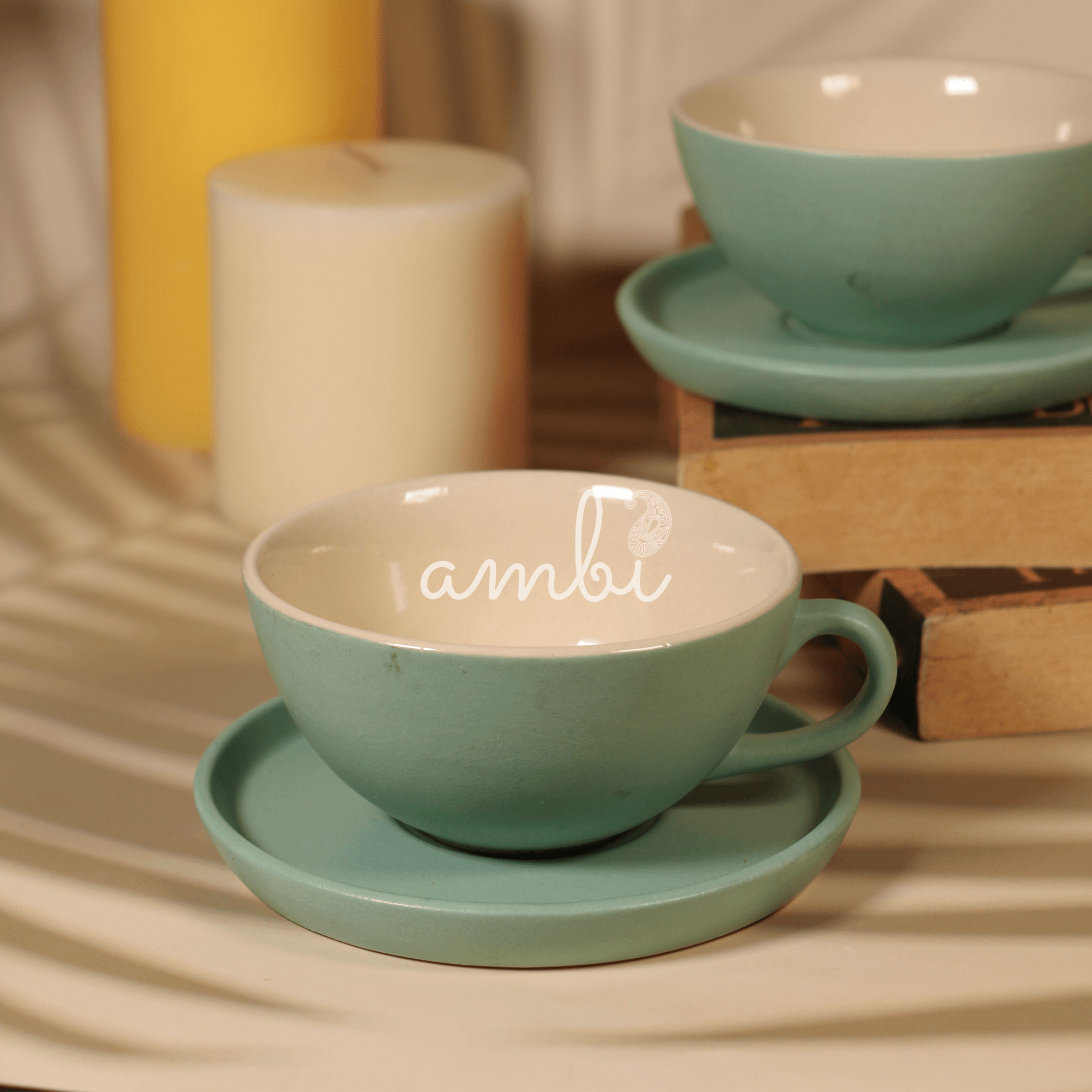 Ambi Ceramic Teal Green Cup and Saucer Set I Handmade Pottery Set of 1 - 180 ml