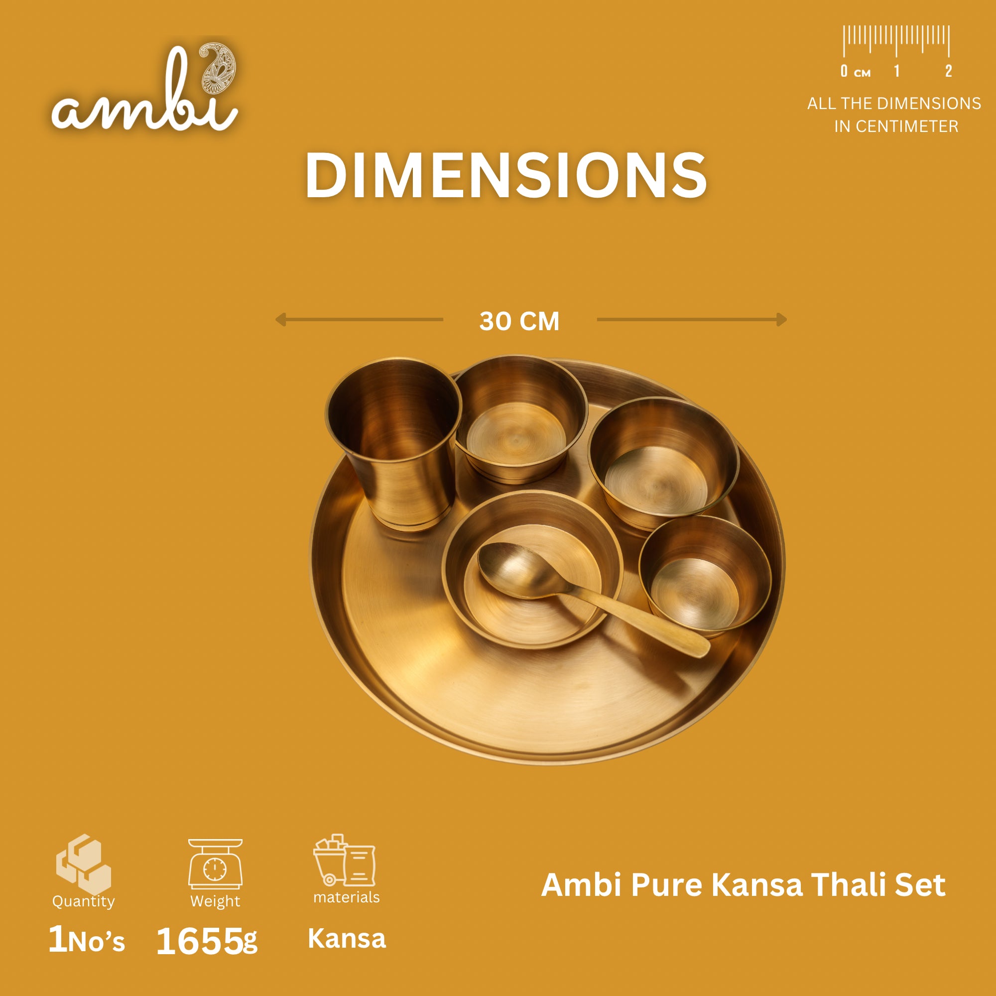 Ambi Pure 100% Lead Free Kansa ' Fluid Grace' Ethnic Thali Set of 7 - Heavy Make