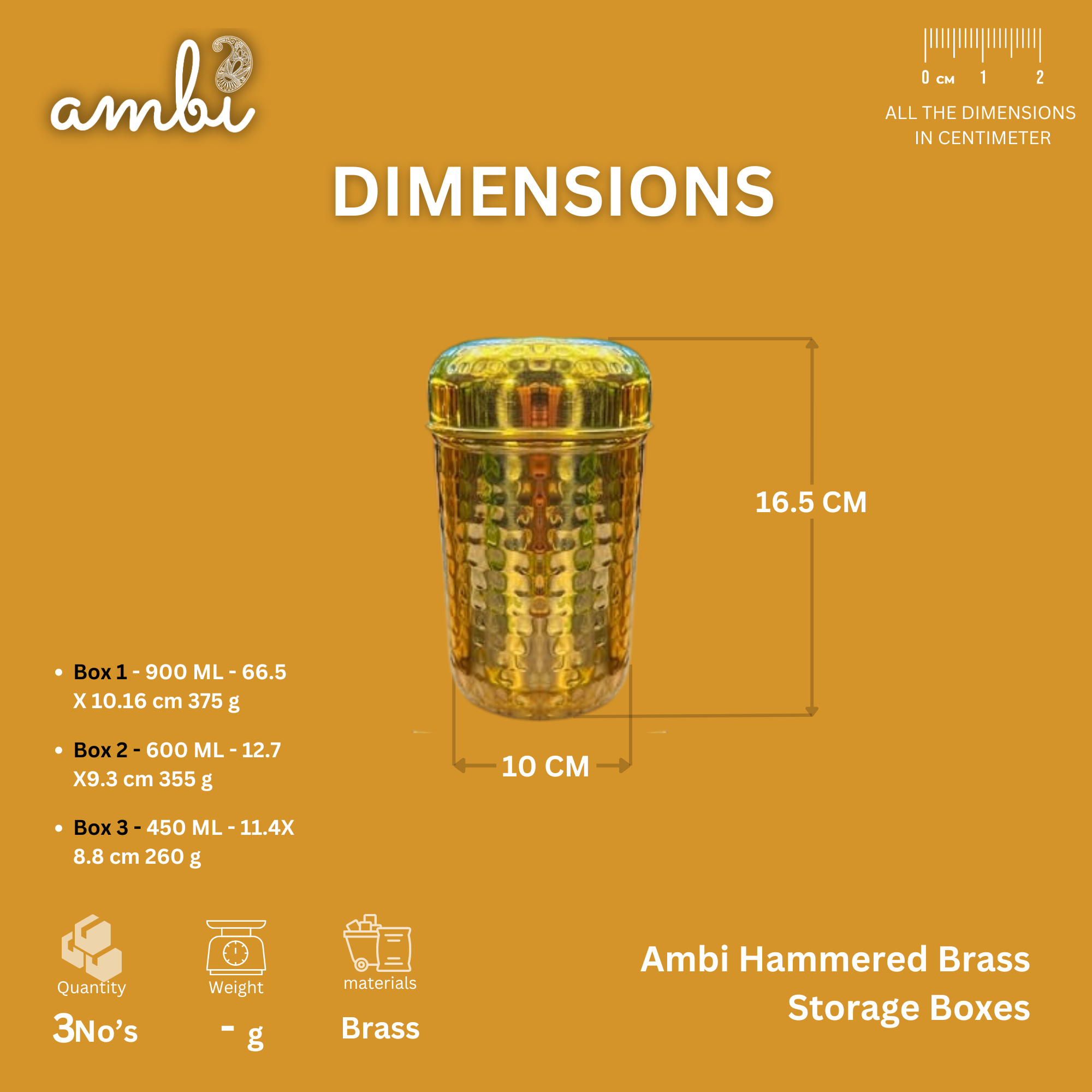 Hammered Brass Storage Boxes - Set of 3