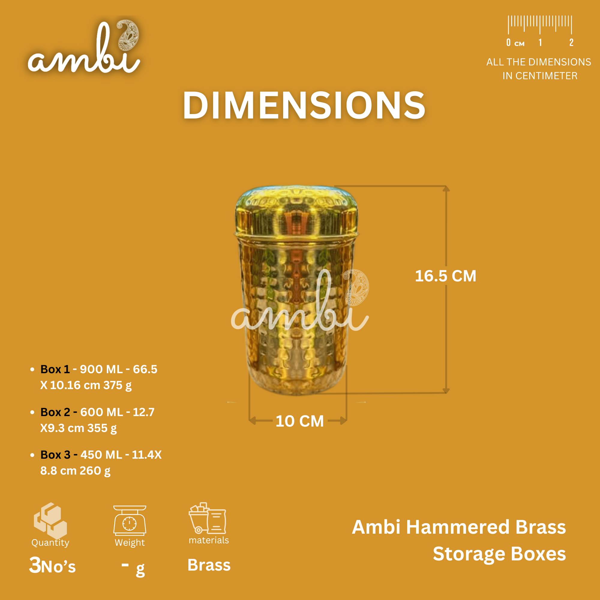 Hammered Brass Storage Boxes - Set of 3