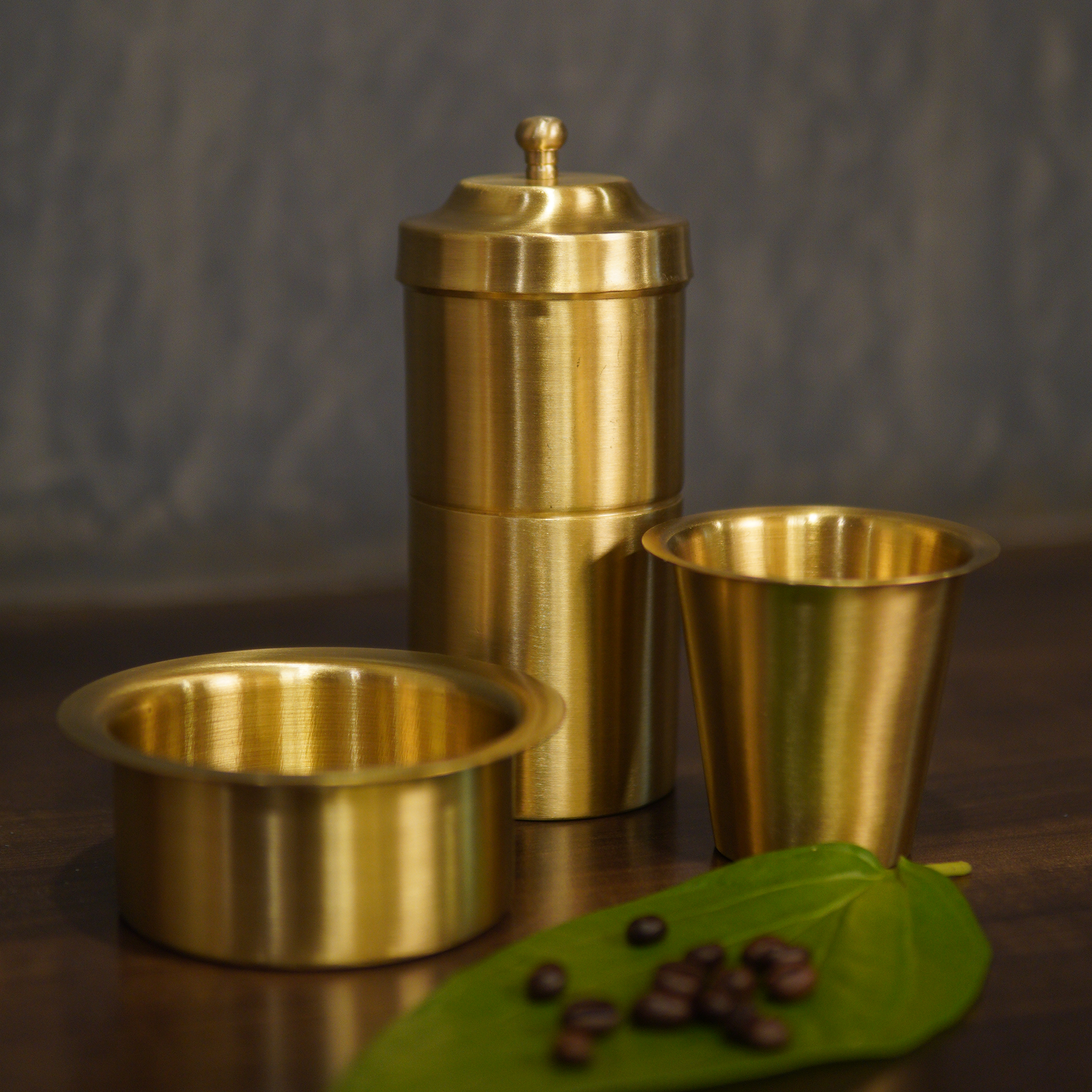 Ambi Gift of Aroma : Pure Brass Coffee Filter and 4 Dabara Cup Set in a Gift Box