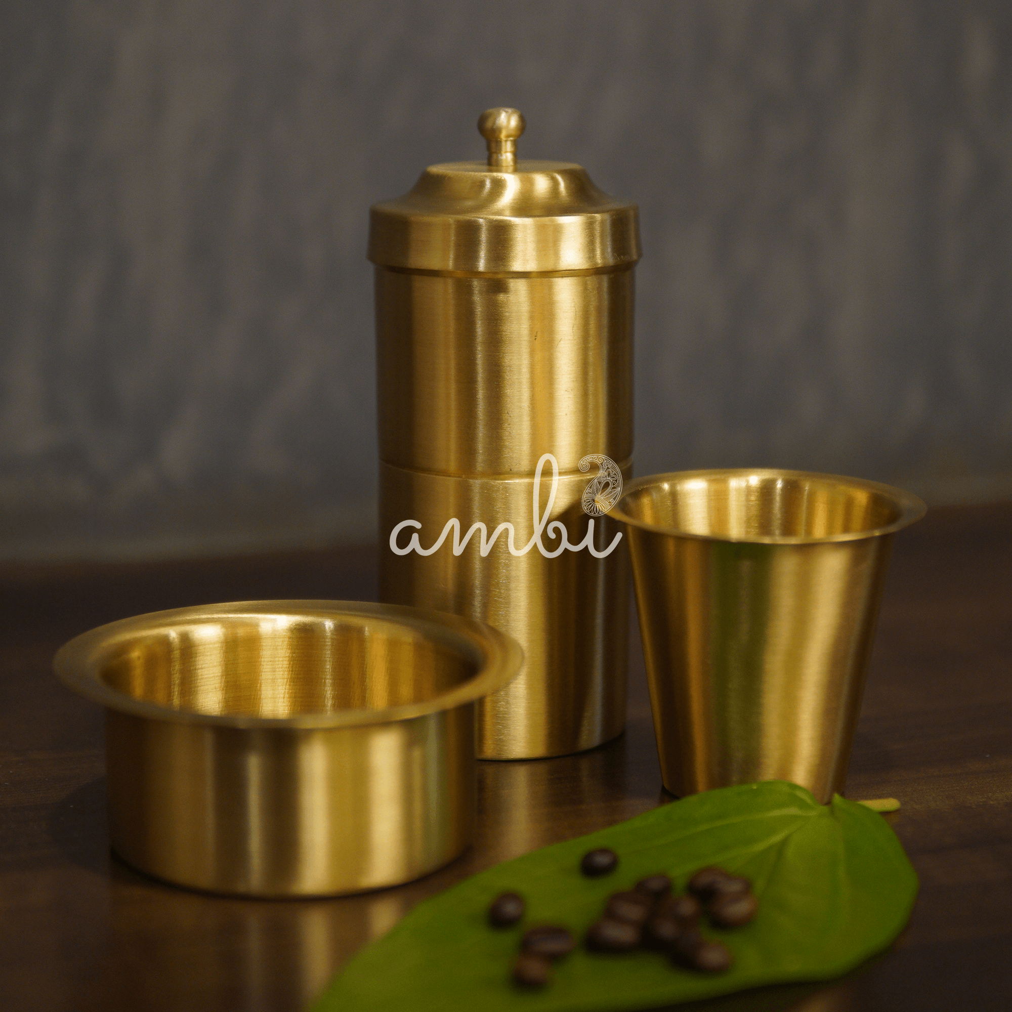 Ambi Gift of Aroma : Pure Brass Coffee Filter and 2 Dabara Cup Set in a Gift Box