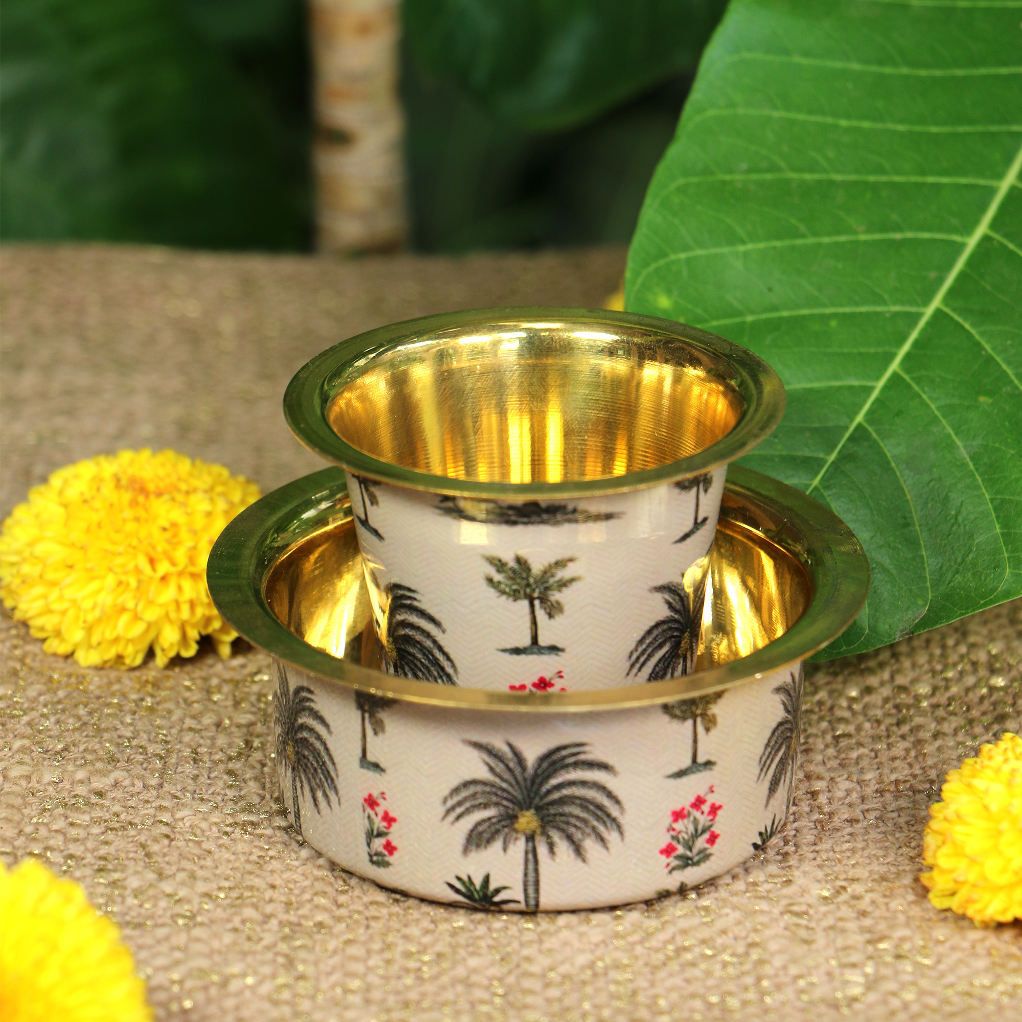 Traditional Brass Filter Coffee Dabara Cup Set - Palm Design