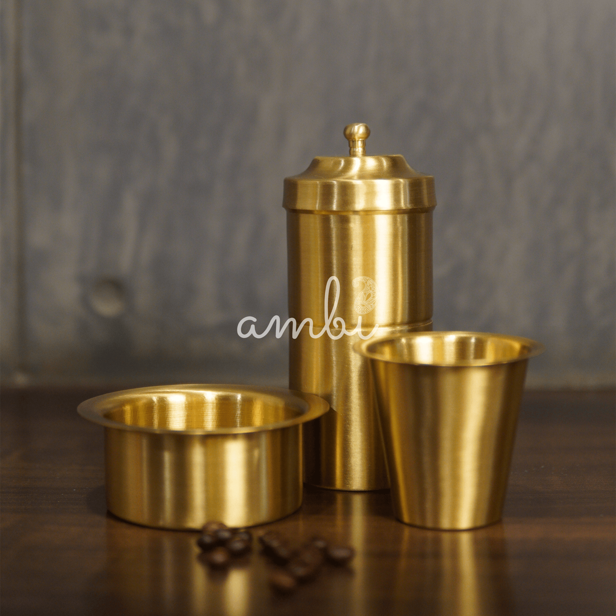 Ambi Gift of Aroma : Pure Brass Coffee Filter and 2 Dabara Cup Set in a Gift Box