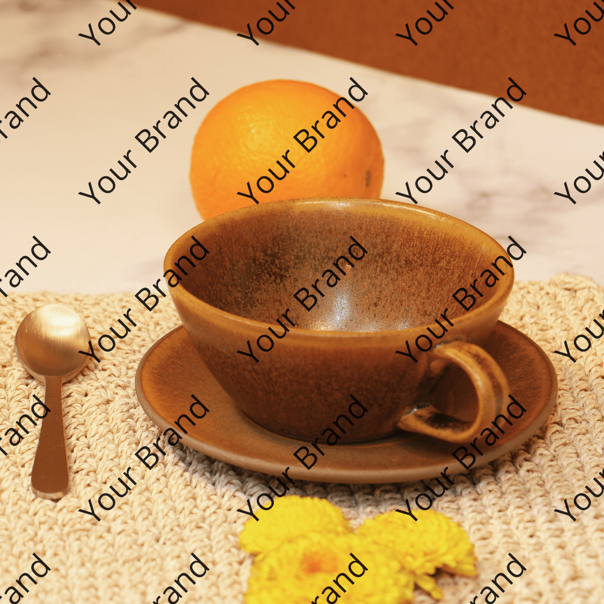 Handmade Ceramic brown Fig textured Cup and Saucer 300 ml