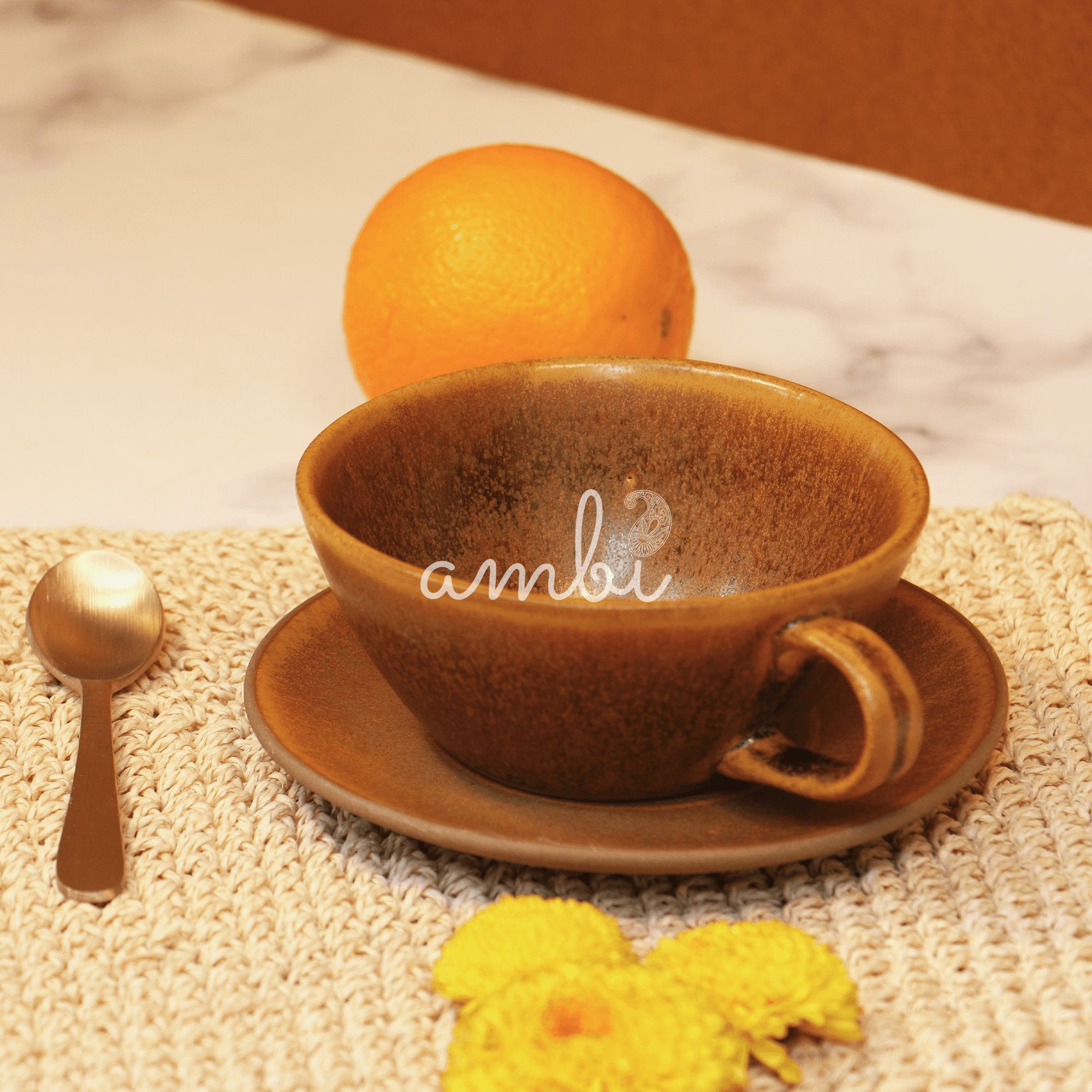 Handmade Ceramic brown Fig textured Cup and Saucer 300 ml