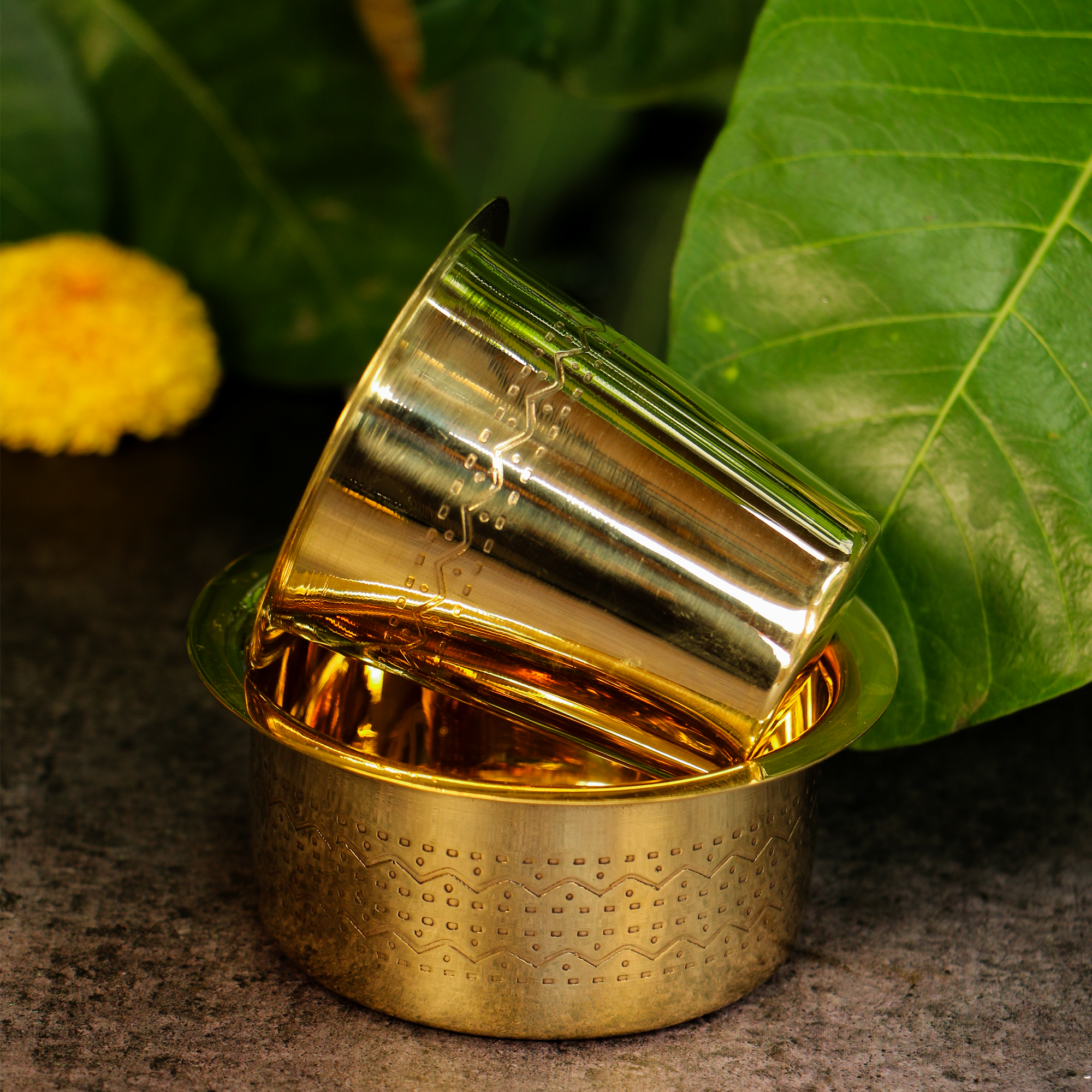Traditional Pure Brass Filter Coffee Dabara Cup Set | South Indian Classic