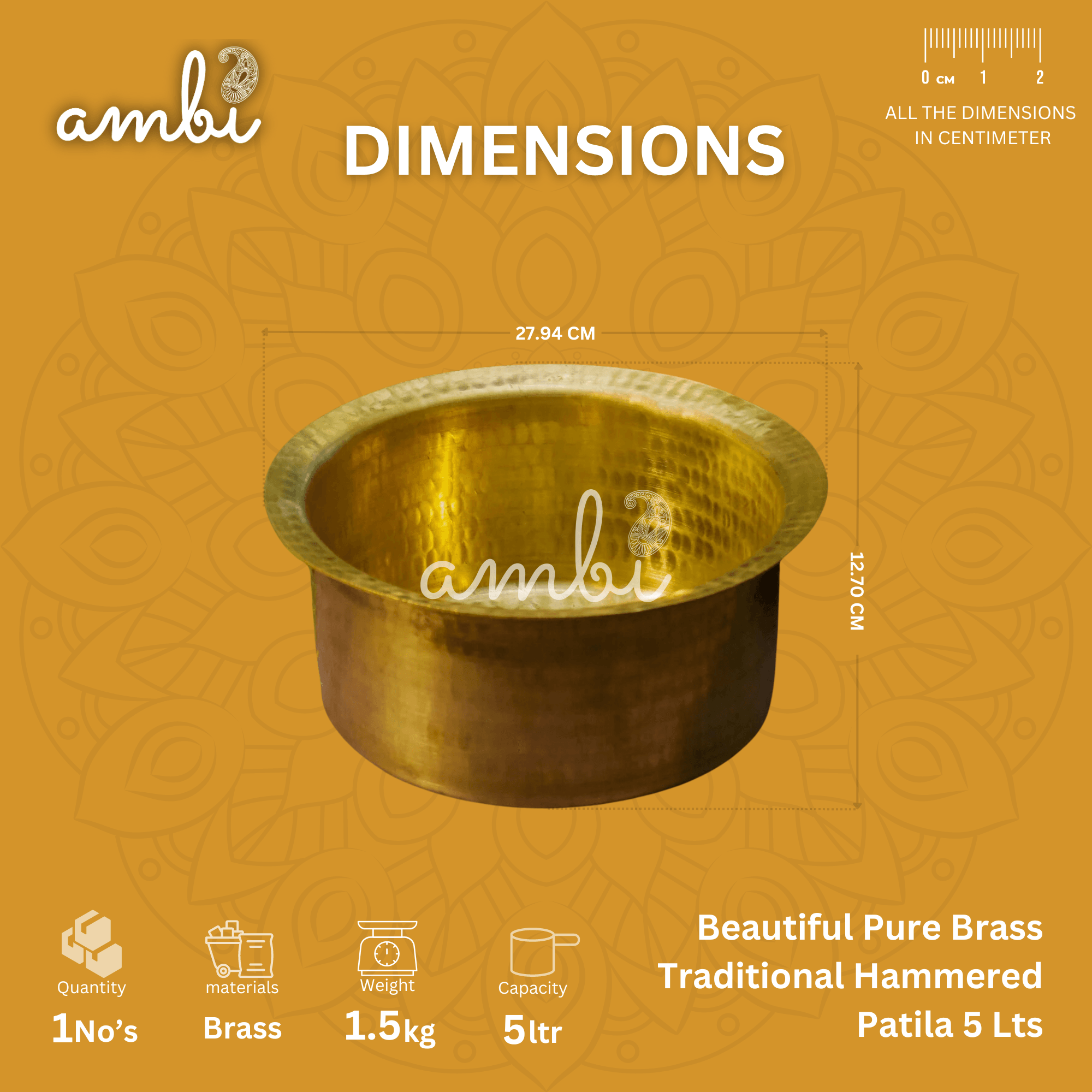 Beautiful Pure Brass Traditional Hammered Patila - 5 Lts