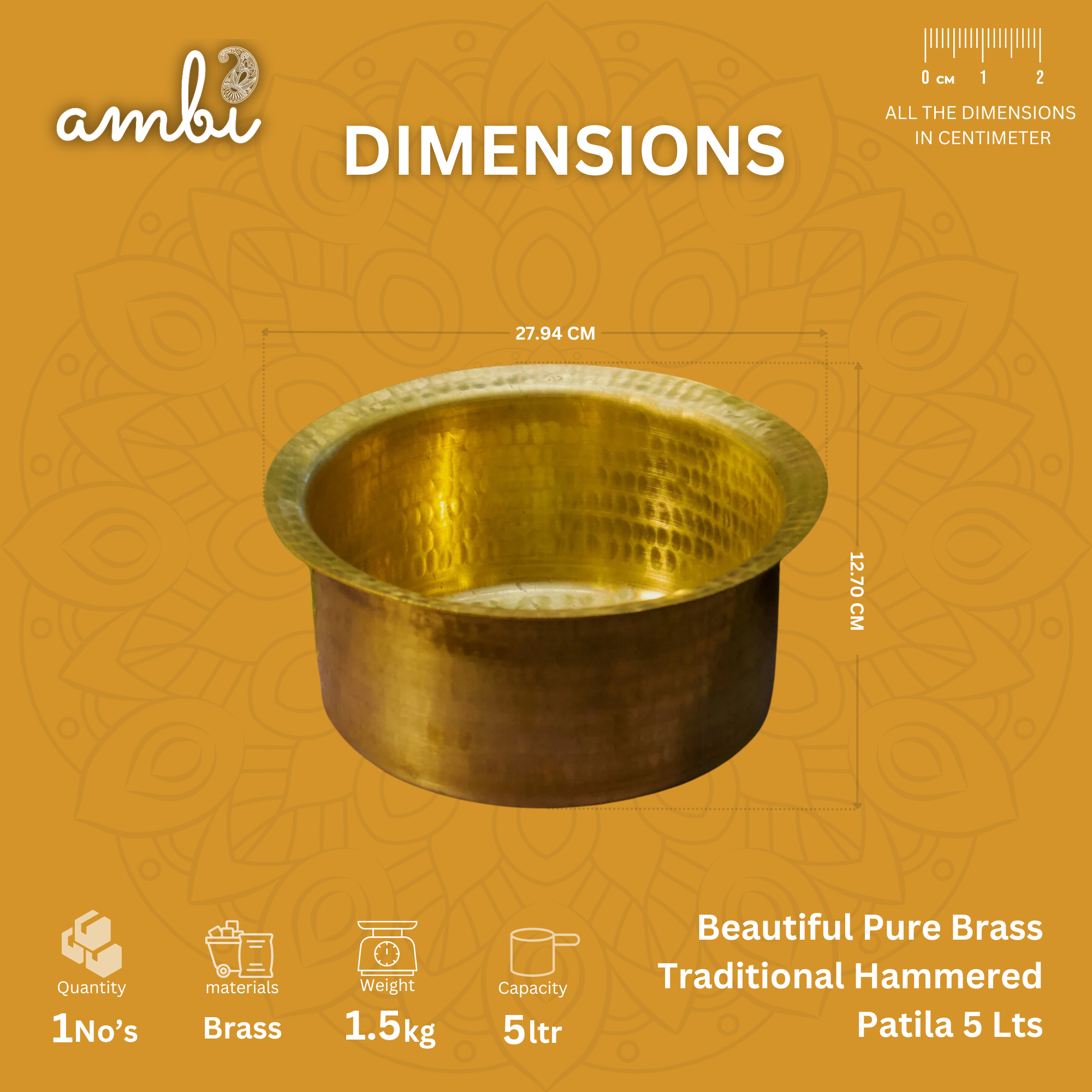 Ambi Pure Brass Traditional Hammered Patila — 5 Litres | Heirloom Cookware