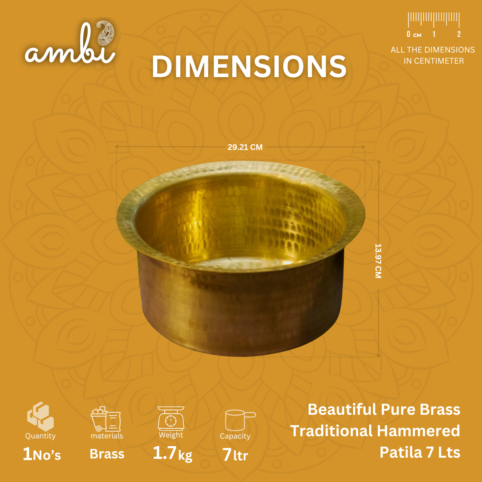 Beautiful Pure Brass Traditional Hammered Patila - 8 Lts