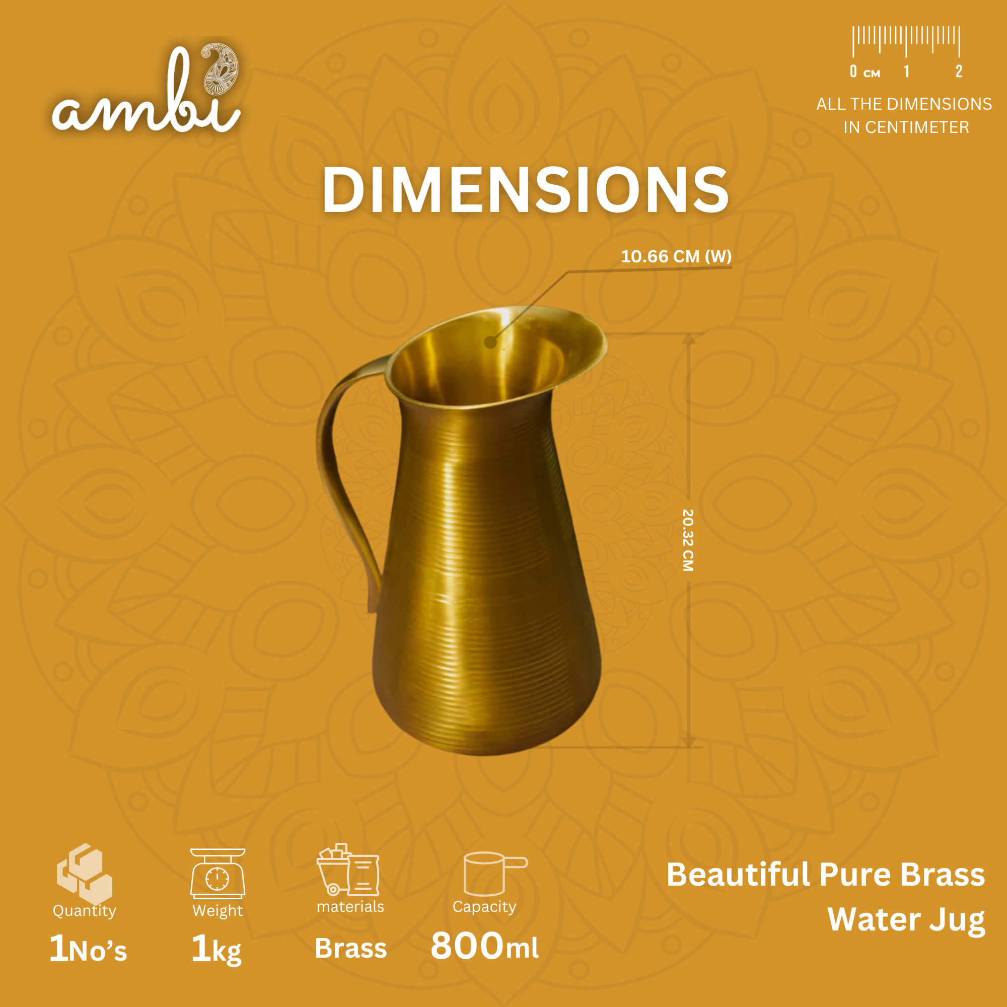 Ambi Pure Brass Water Jug — 800ml | Handcrafted Traditional Serving Jug
