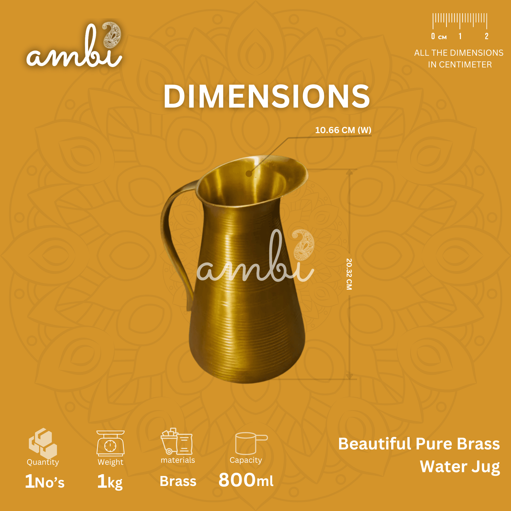 Ambi Pure Brass Water Jug — 800ml | Handcrafted Traditional Serving Jug