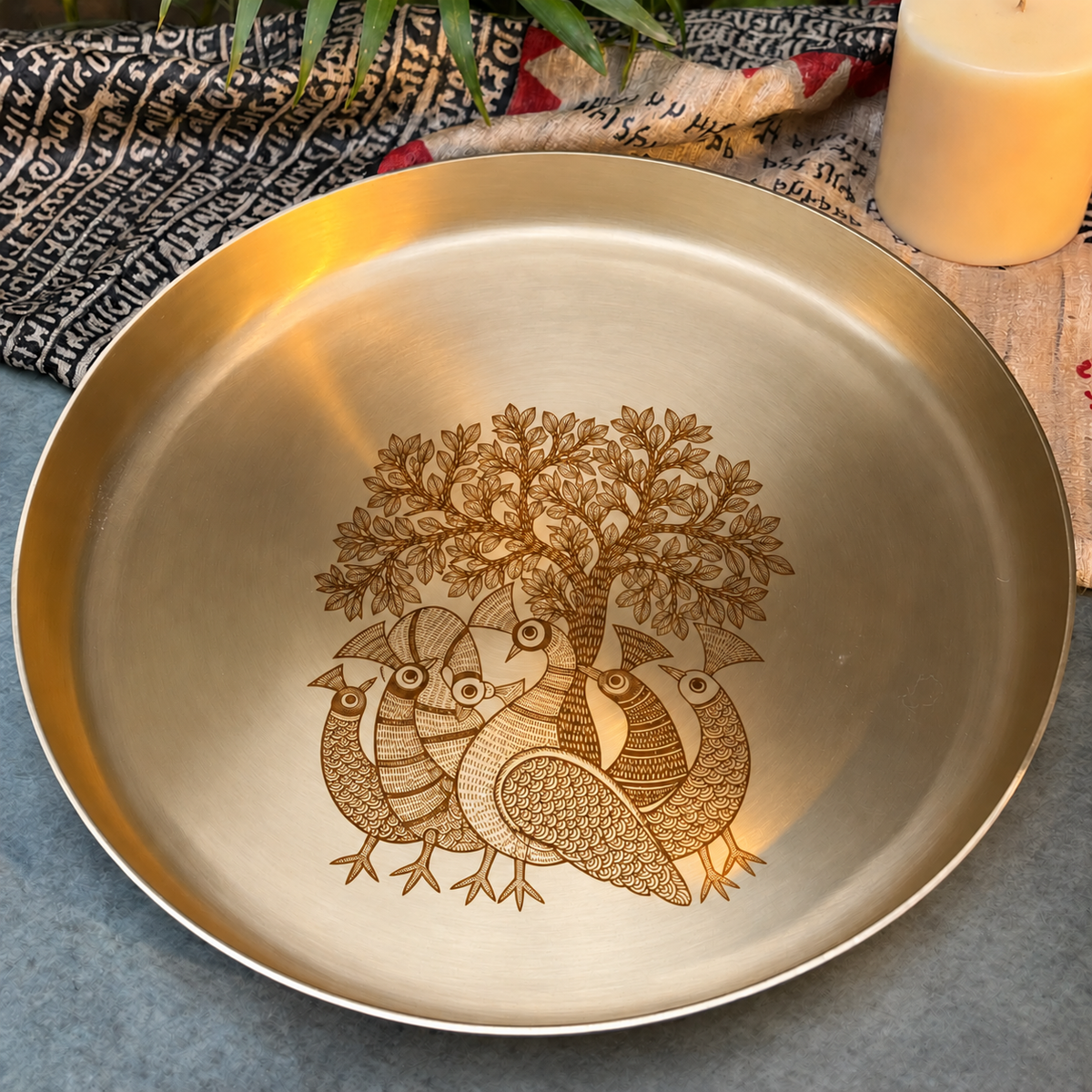 Ambi Pakshi Sangam (Gathering of Birds) Etched Pure Kansa Thali | Gond-Inspired Collection-12 inch