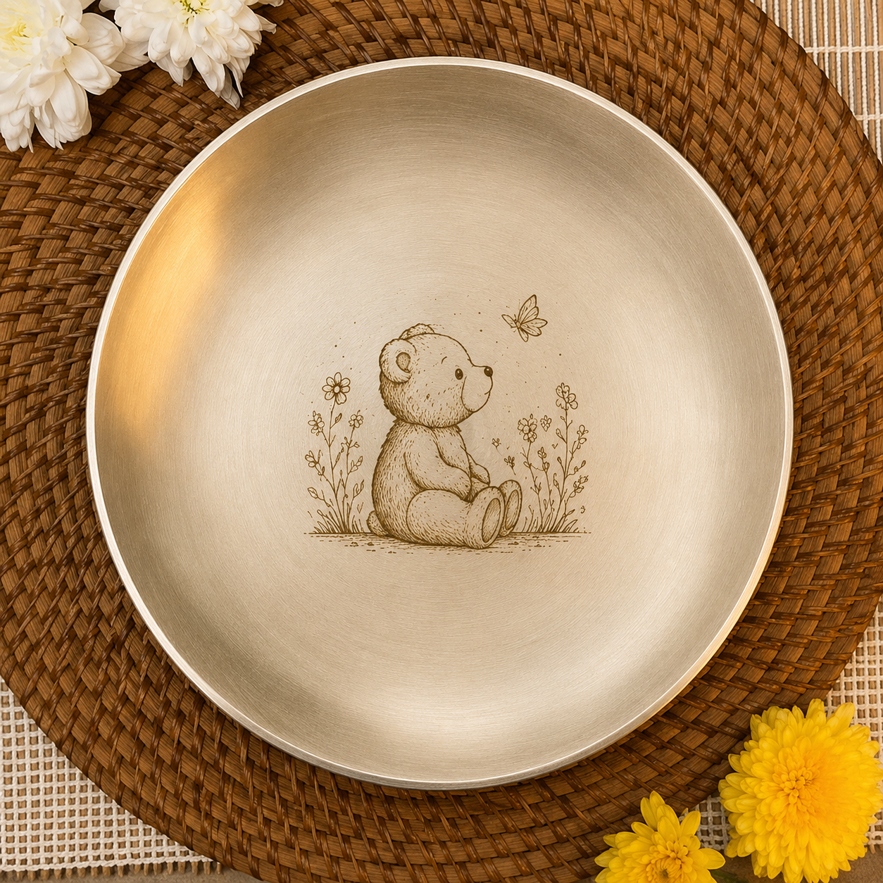 Ambi Pure Kansa Teddy Bear Etched Plate with Spoon – 8 Inches