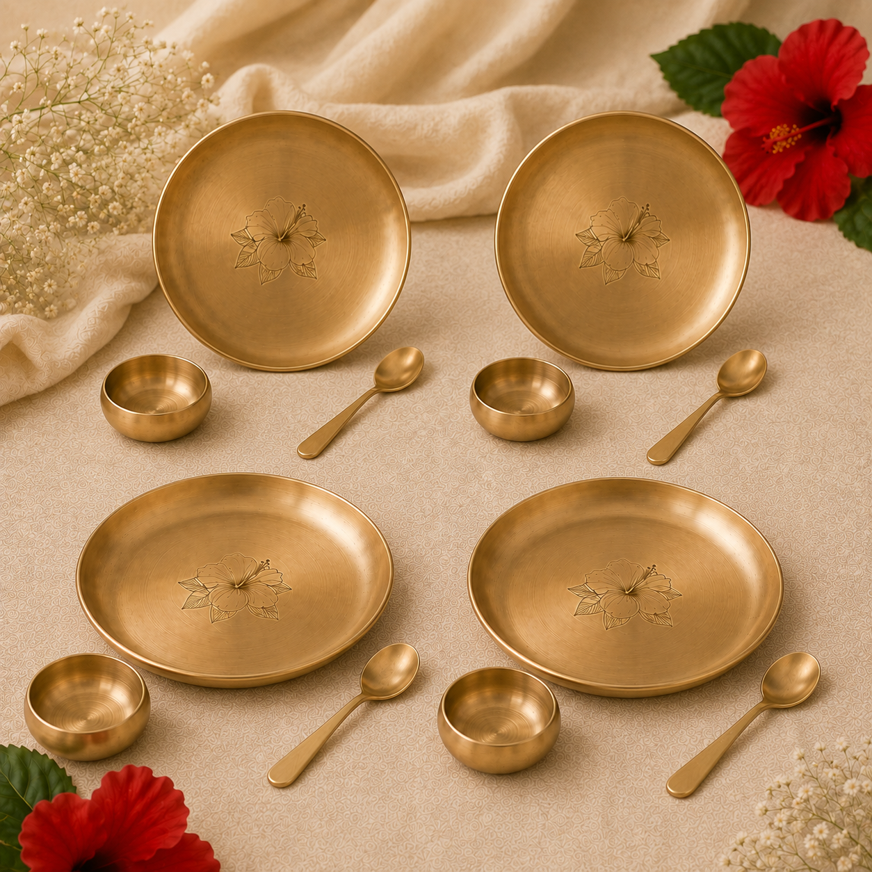 Ambi Home 100% Pure Brass Platter & Bowl Gift Set | Handcrafted Premium Dining Gift Box