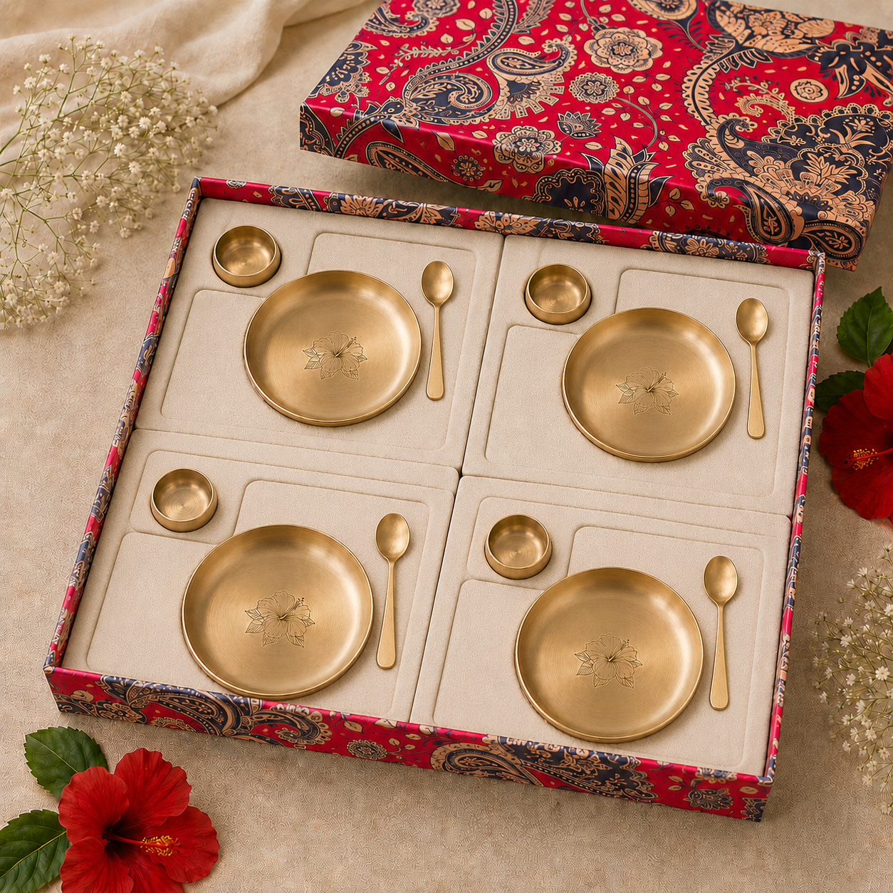 Ambi Home 100% Pure Brass Platter & Bowl Gift Set | Handcrafted Premium Dining Gift Box