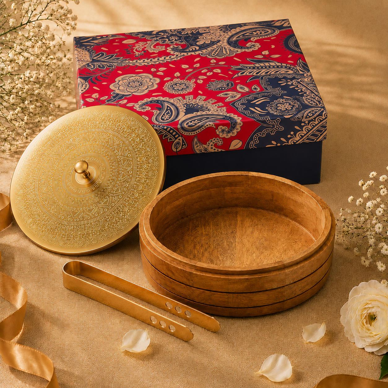 Ambi Pure Brass Mandala Roti Box with Wooden Base and Tongs Gift Box - 9 Inches