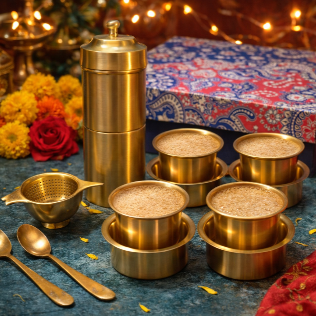 Ambi Gift of Aroma : Pure Brass Coffee Filter and 4 Dabara Cup Set in a Gift Box