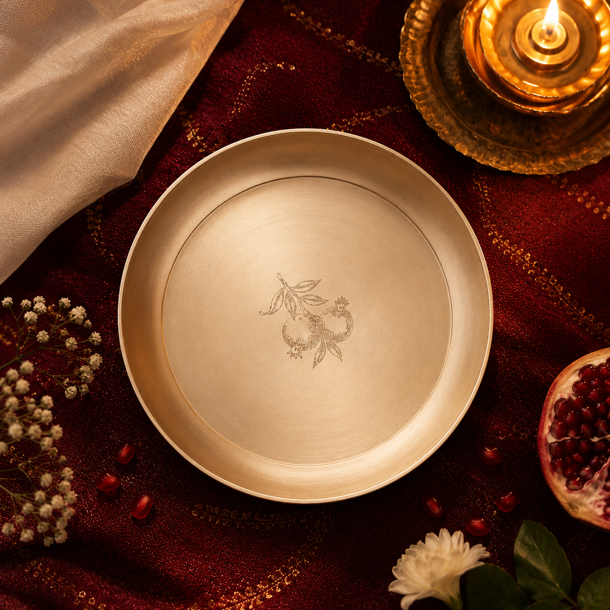 AMBI 100% Pure Lead Free Kansa Plate With Pomegranate Hand Etched Design— 6 Inch High Edge | Dessert & Puja Plate