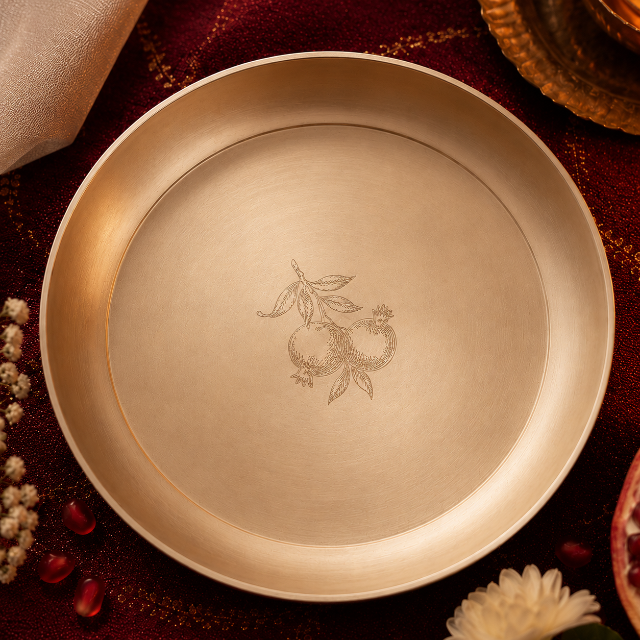 AMBI 100% Pure Lead Free Kansa Plate With Pomegranate Hand Etched Design— 6 Inch High Edge | Dessert & Puja Plate