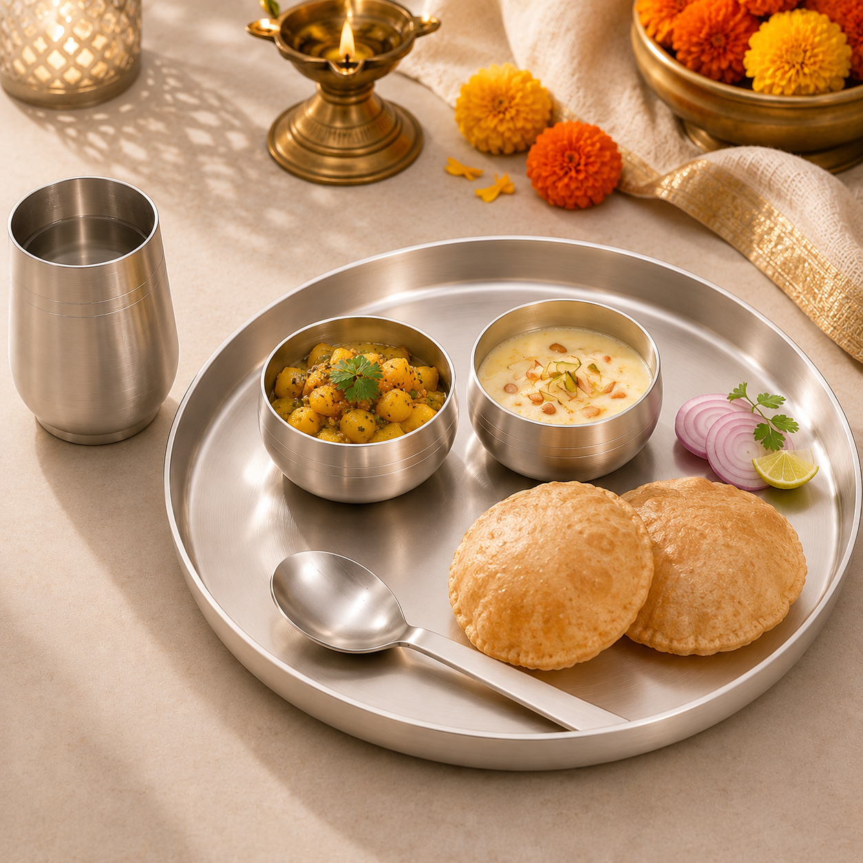 Ambi BIS 92.5 Silver-Plated Kansa Thali Set of 5 | Luxury Dining