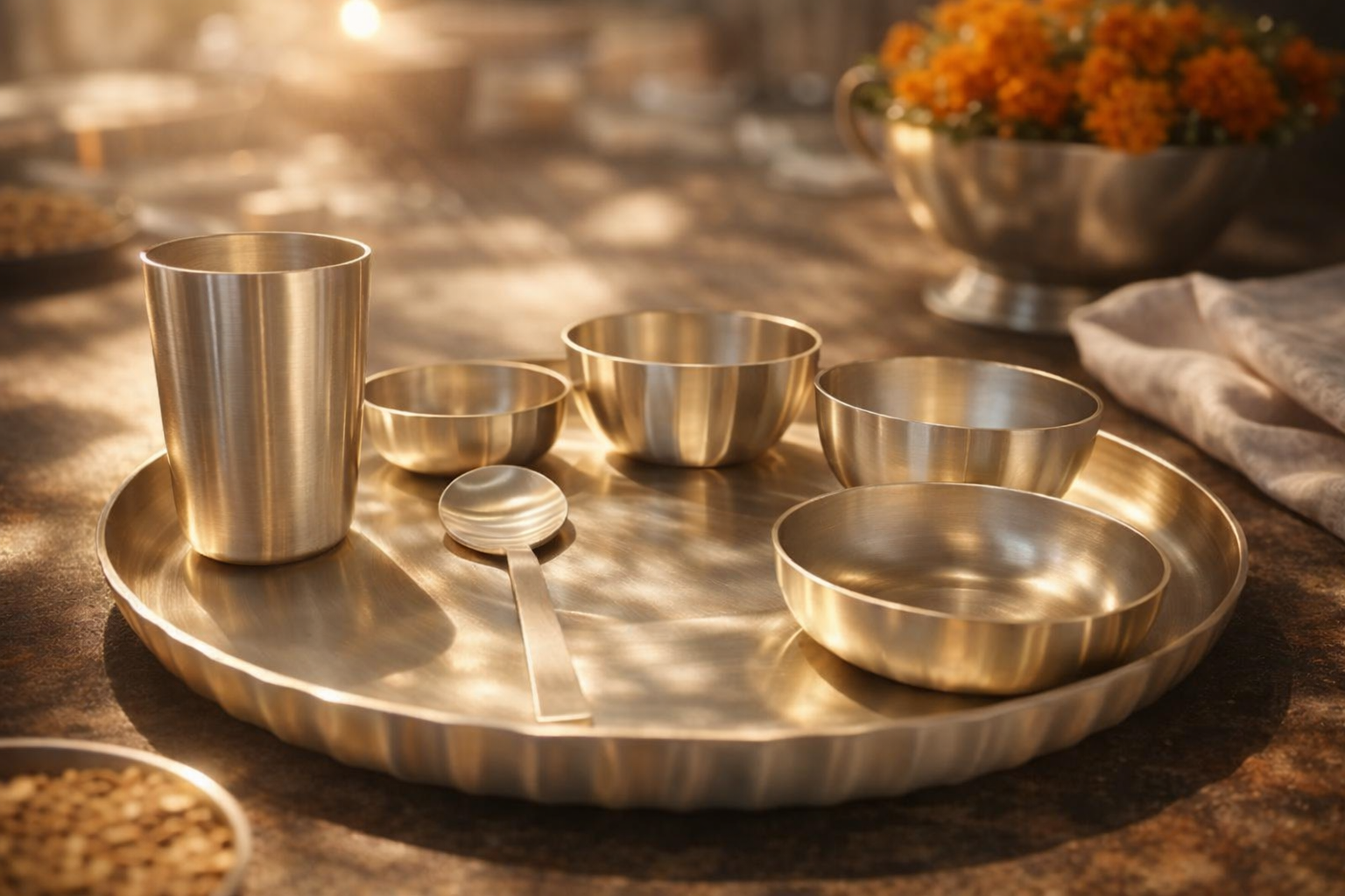 Ambi Exclusive – India's Only Ribbed Edges Kansa Designer Thali Set | 100% Lead-Free | 7 Pieces