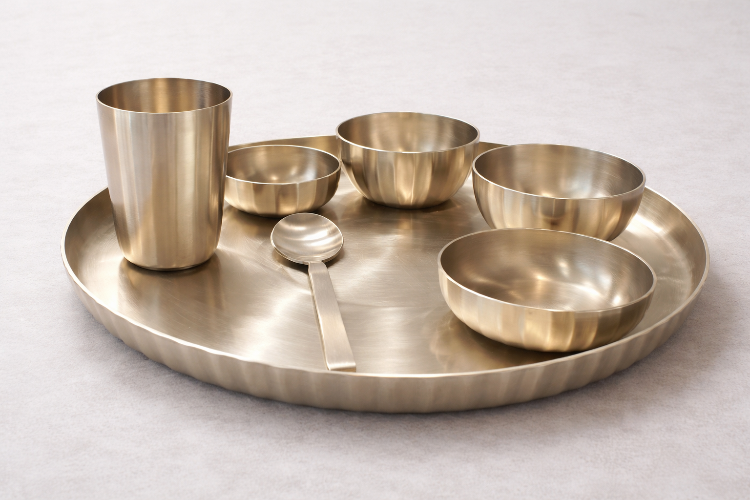 Ambi Exclusive – India's Only Ribbed Edges Kansa Designer Thali Set | 100% Lead-Free | 7 Pieces
