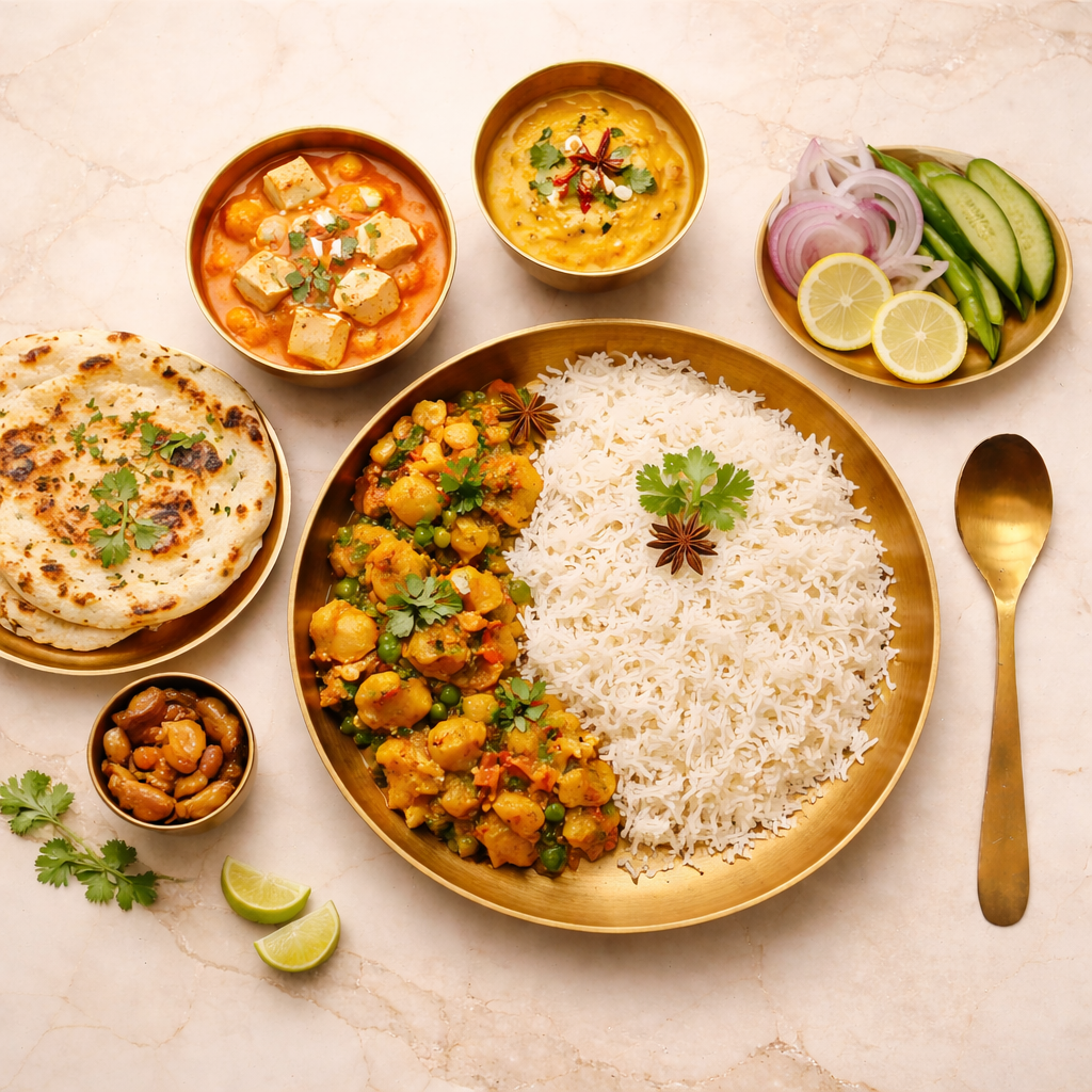 Assorted Indian dishes including rice, curries, and naan on a light background