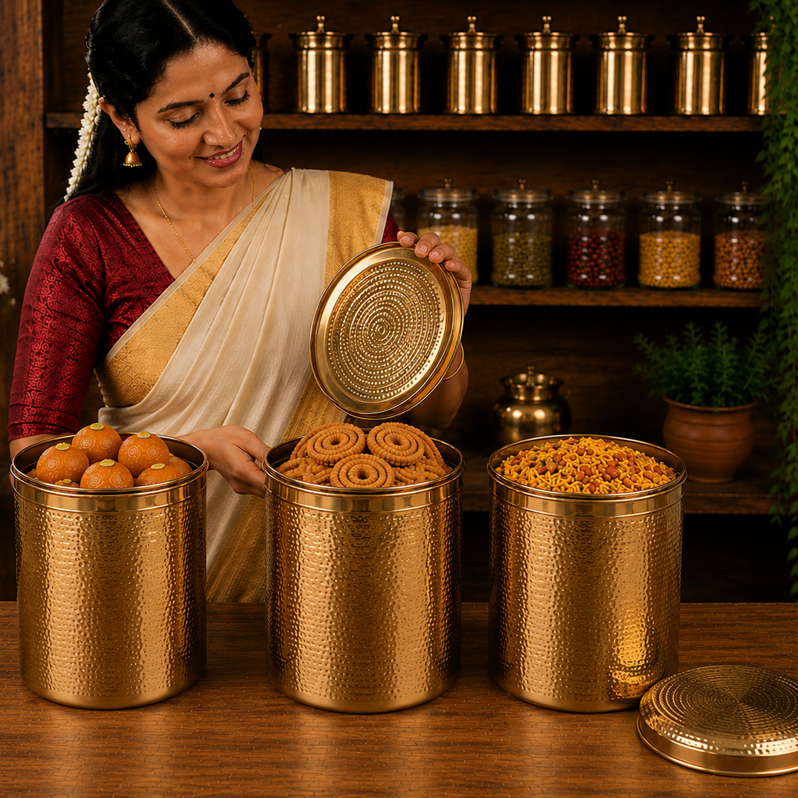 Ambi Home Pure Brass Hammered Dabba | Kitchen Storage Box for Atta, Dal, Spices – Set of 3 (6430 ML + 9000 ML + 10005 ML)